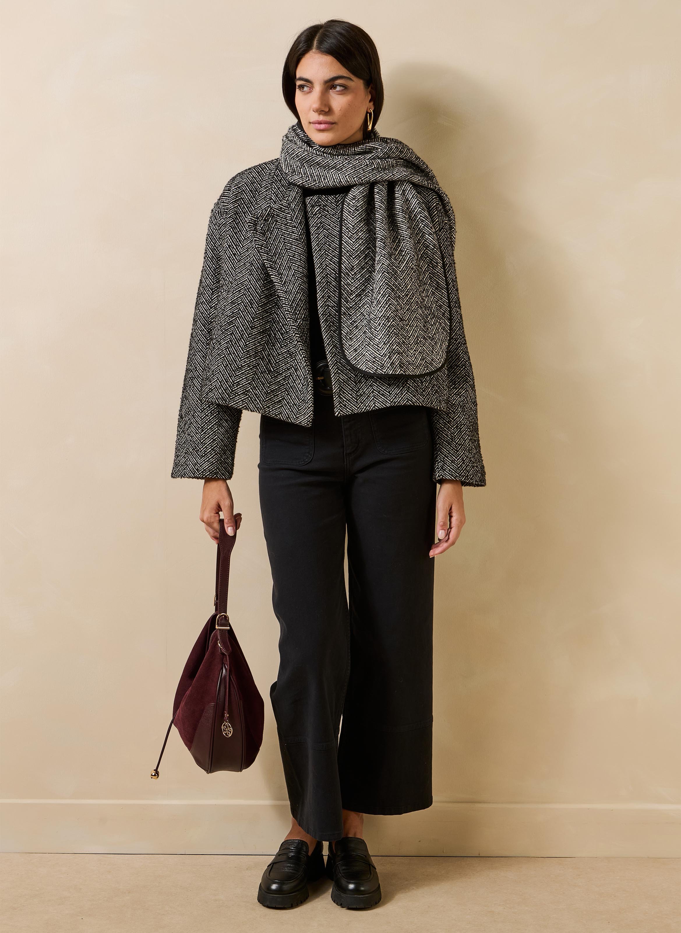 Short oversized coat with herringbone pattern LA FEE MARABOUTEE Black