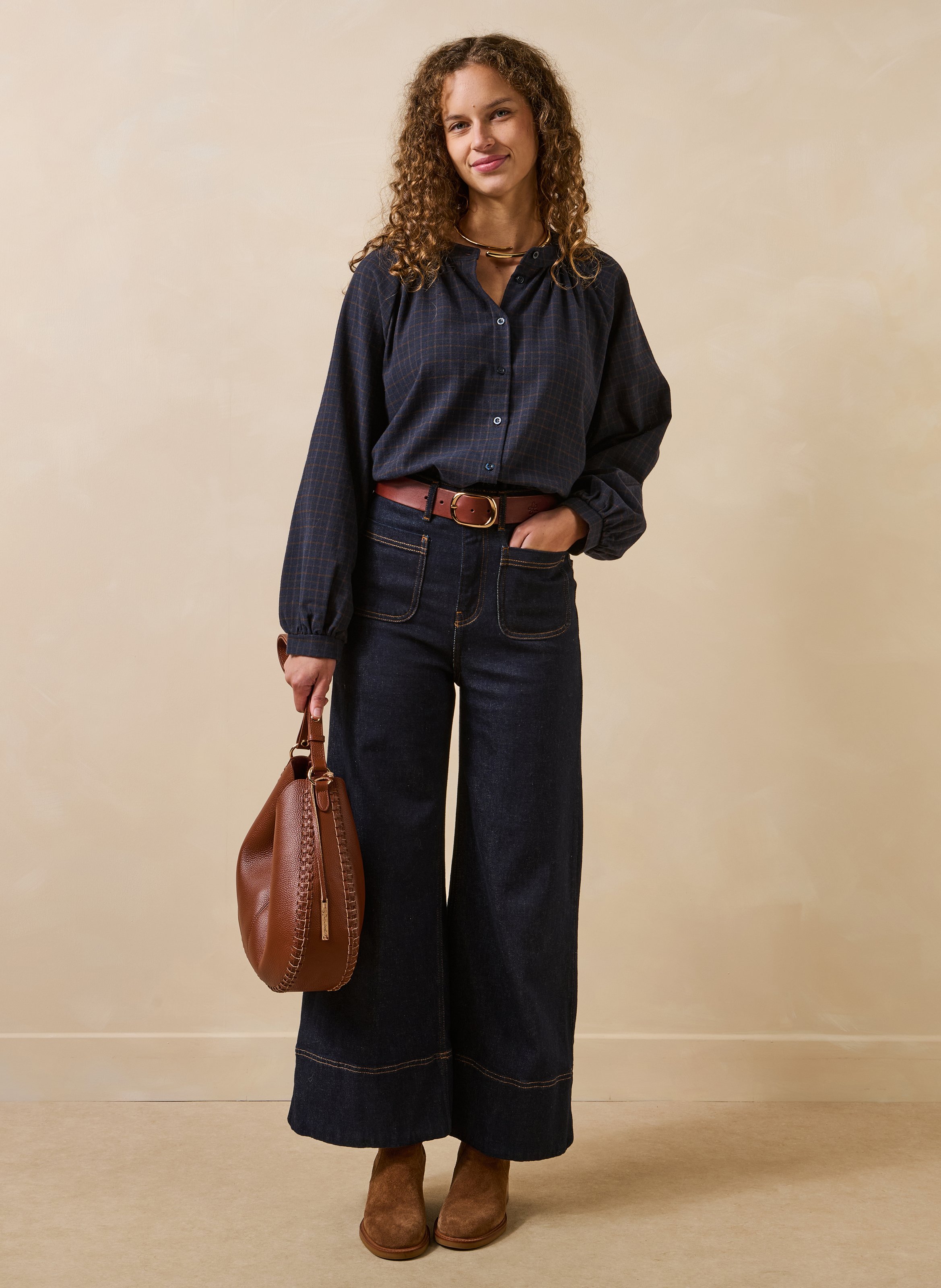 Straight-cut round-neck checked blouse in a cotton blend LA FEE MARABOUTEE Blue