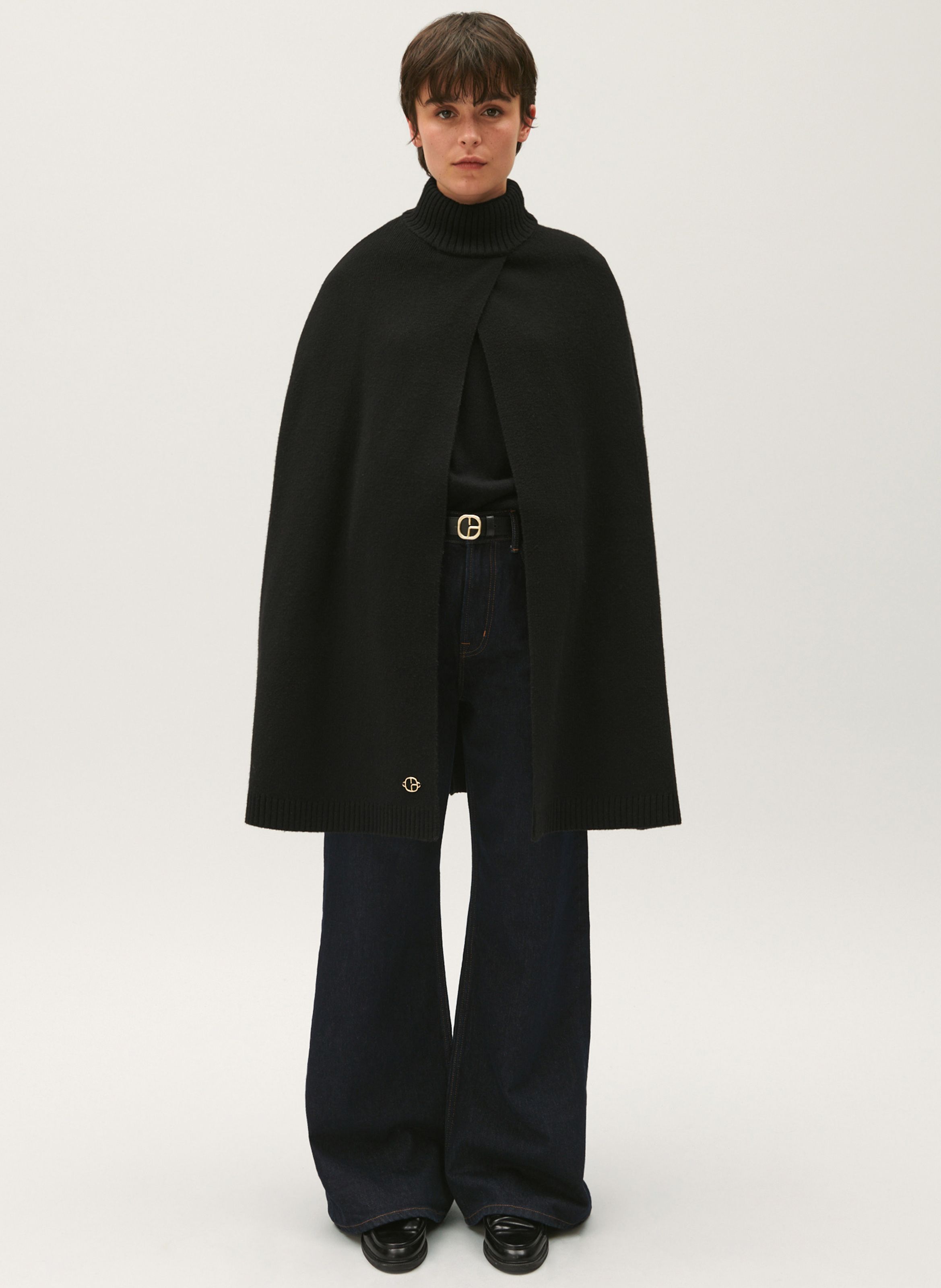 Black Stand up collar wool blend cape