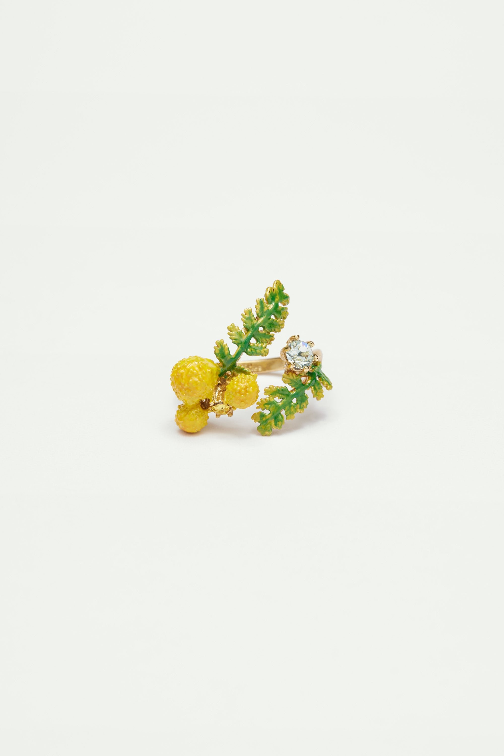 Double fern and mimosa flower adjustable ring Yellow