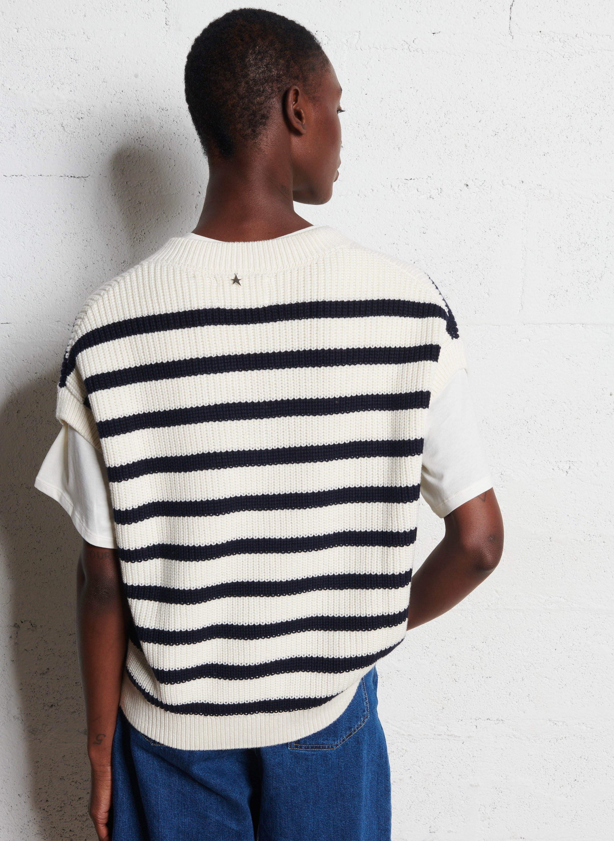 Pull sans manches col V rayé en coton et laine SUD EXPRESS Blanc