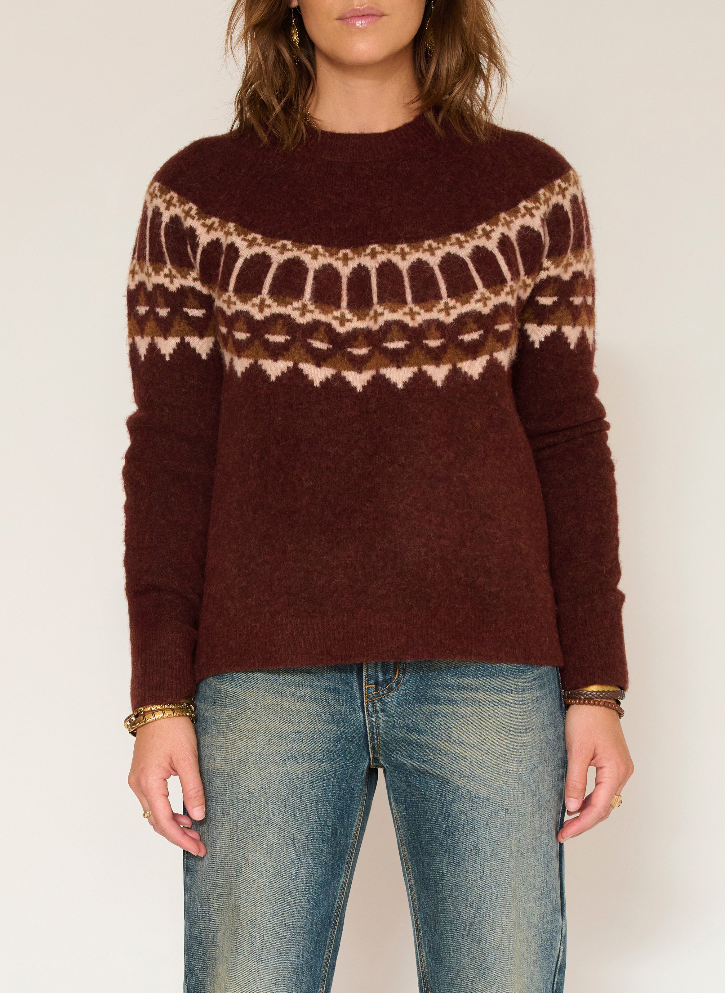 Pull droit col rond jacquard en laine mélangée MKT Rouge