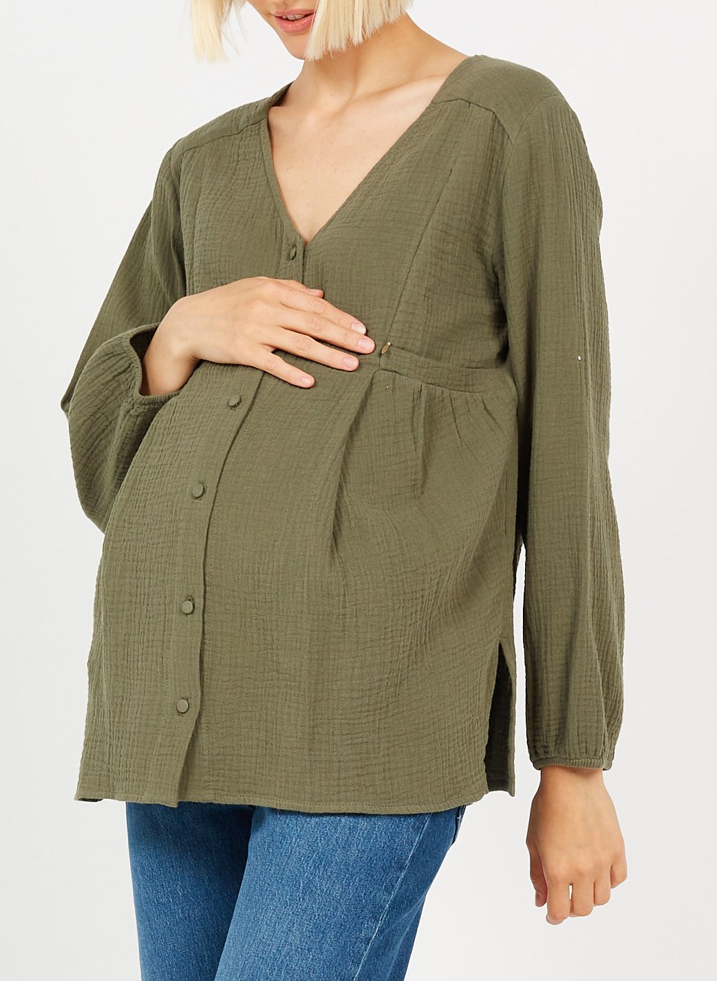 Long-sleeved cotton maternity shirt POLINA Khaki