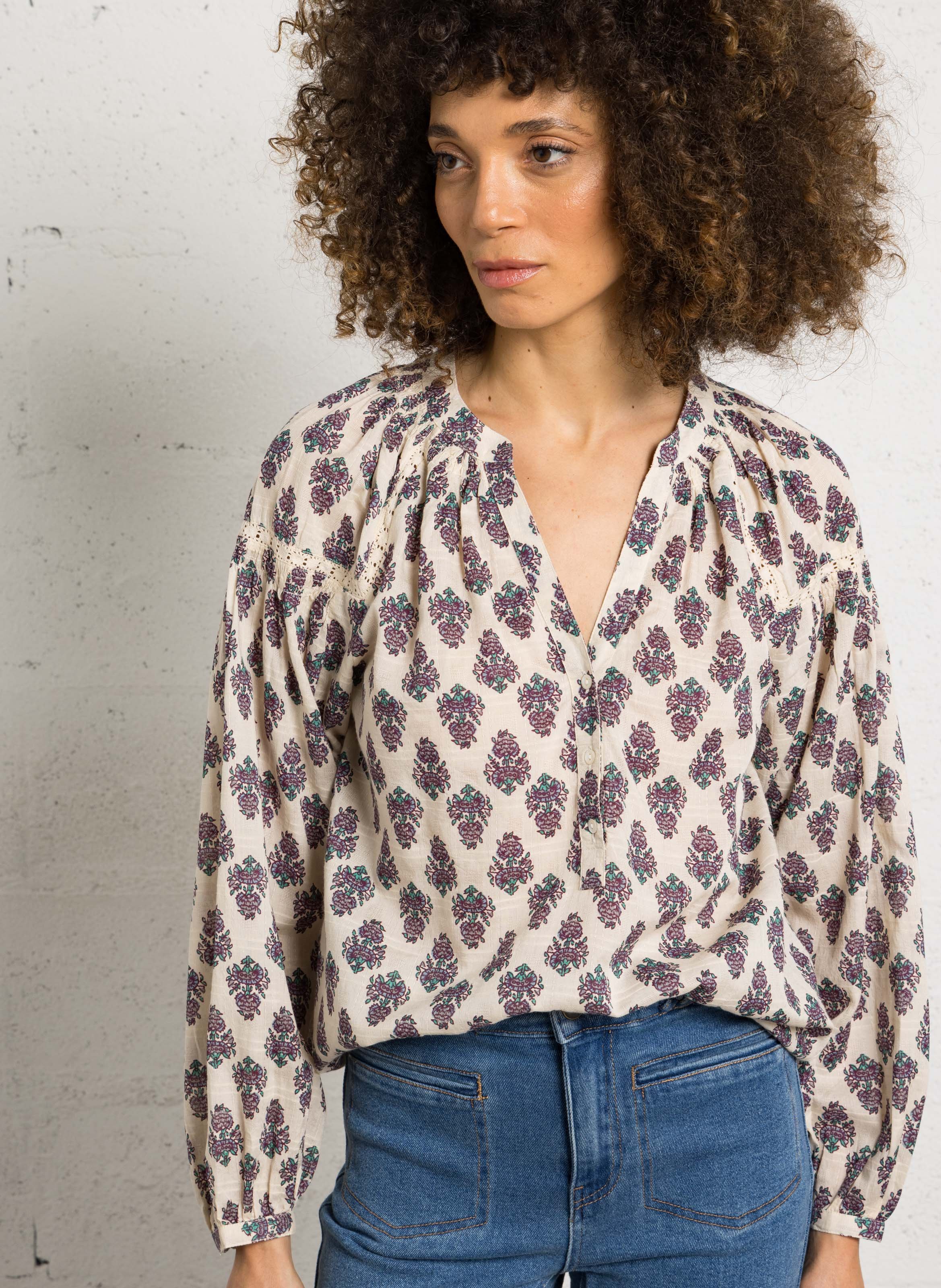 Henley-Bluse mit Print MAISON 123 Weiss