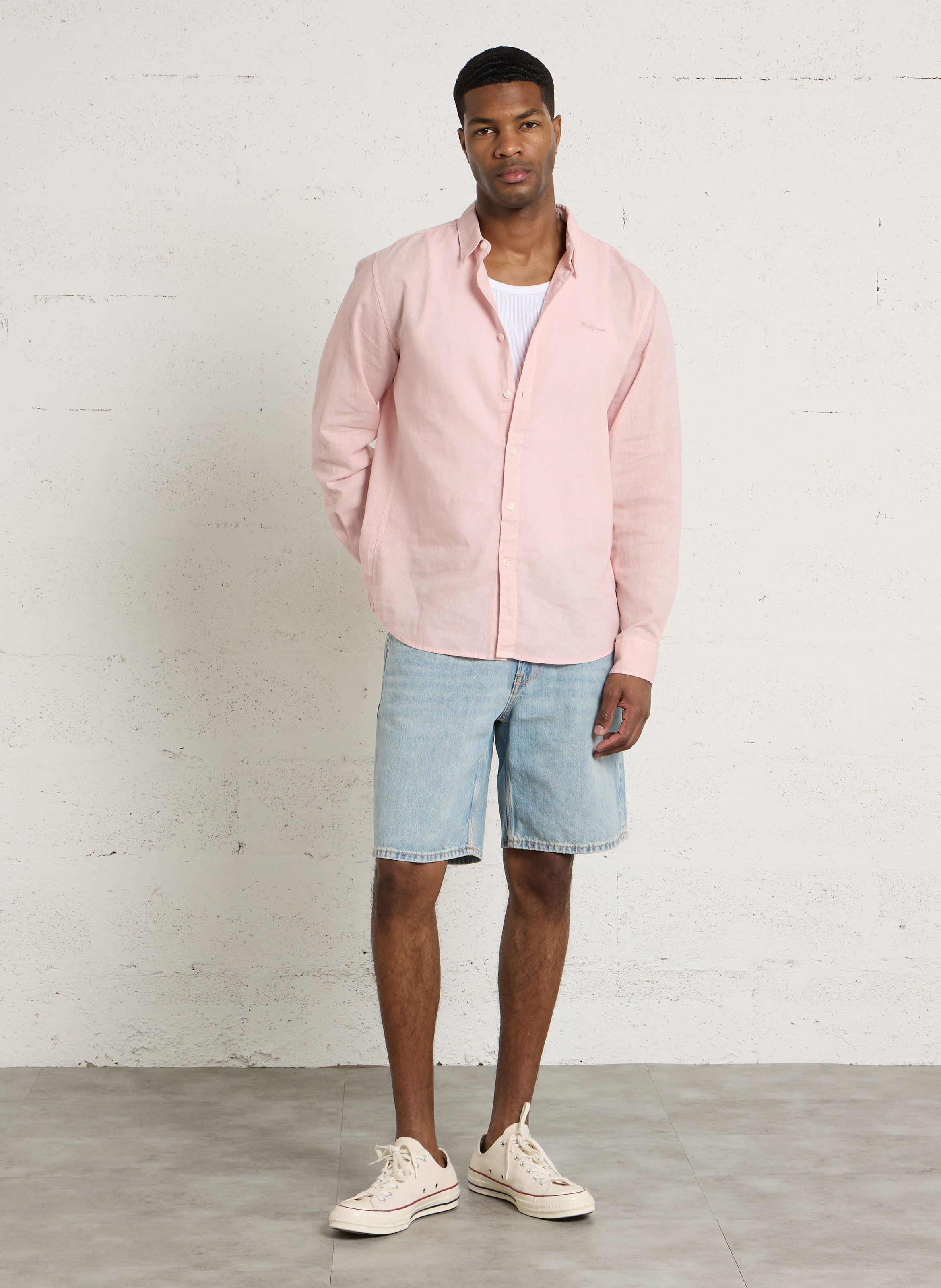 Chemise droite col classique en lin et coton mélangé PEPE JEANS Rose