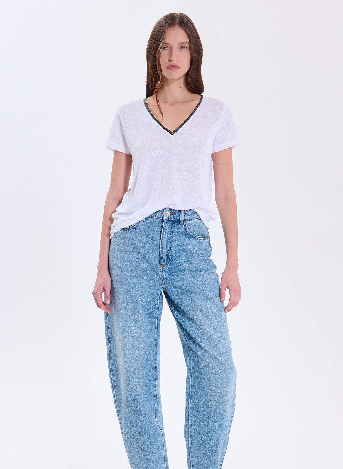 Fine linen V-neck sweater ZAPA White