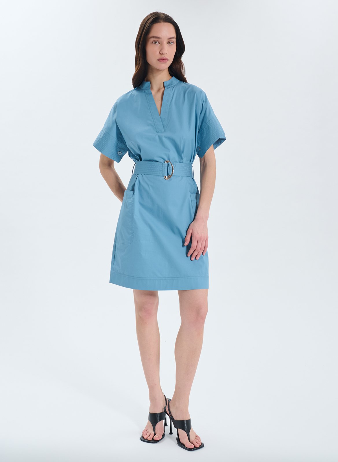 Kurzes Baumwollkleid mit V-Ausschnitt | Blau ZAPA Damen