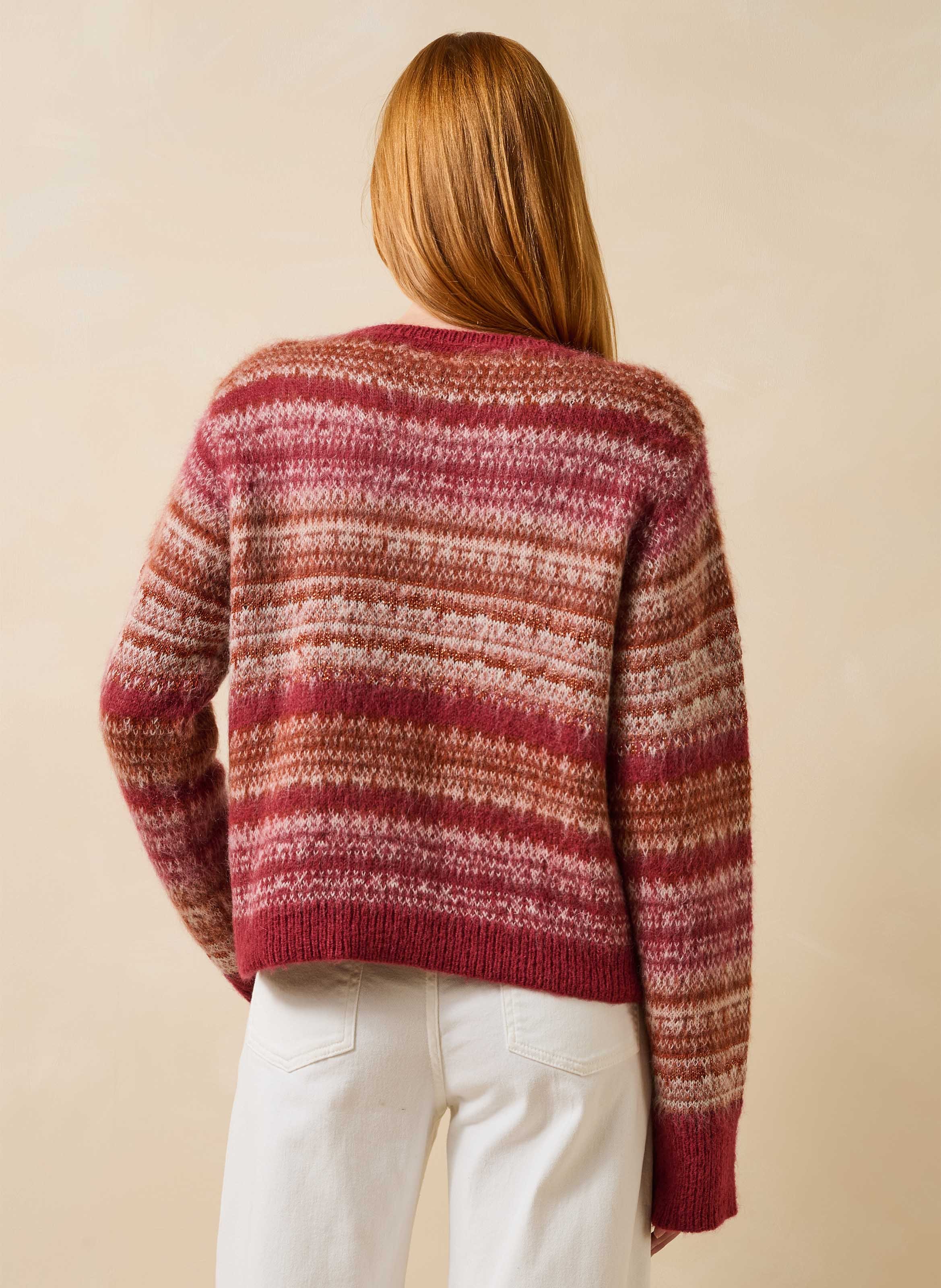 Ample round neck striped metallic knit sweater LA FEE MARABOUTEE Orange