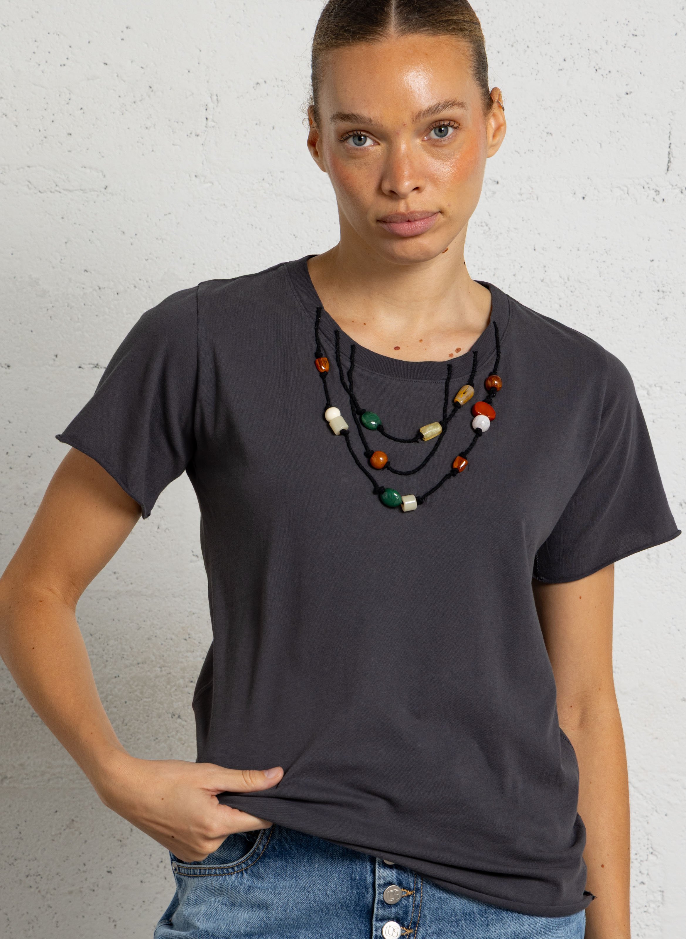 T-shirt met geborduurde parels van biologisch katoen LEON & HARPER Grijs