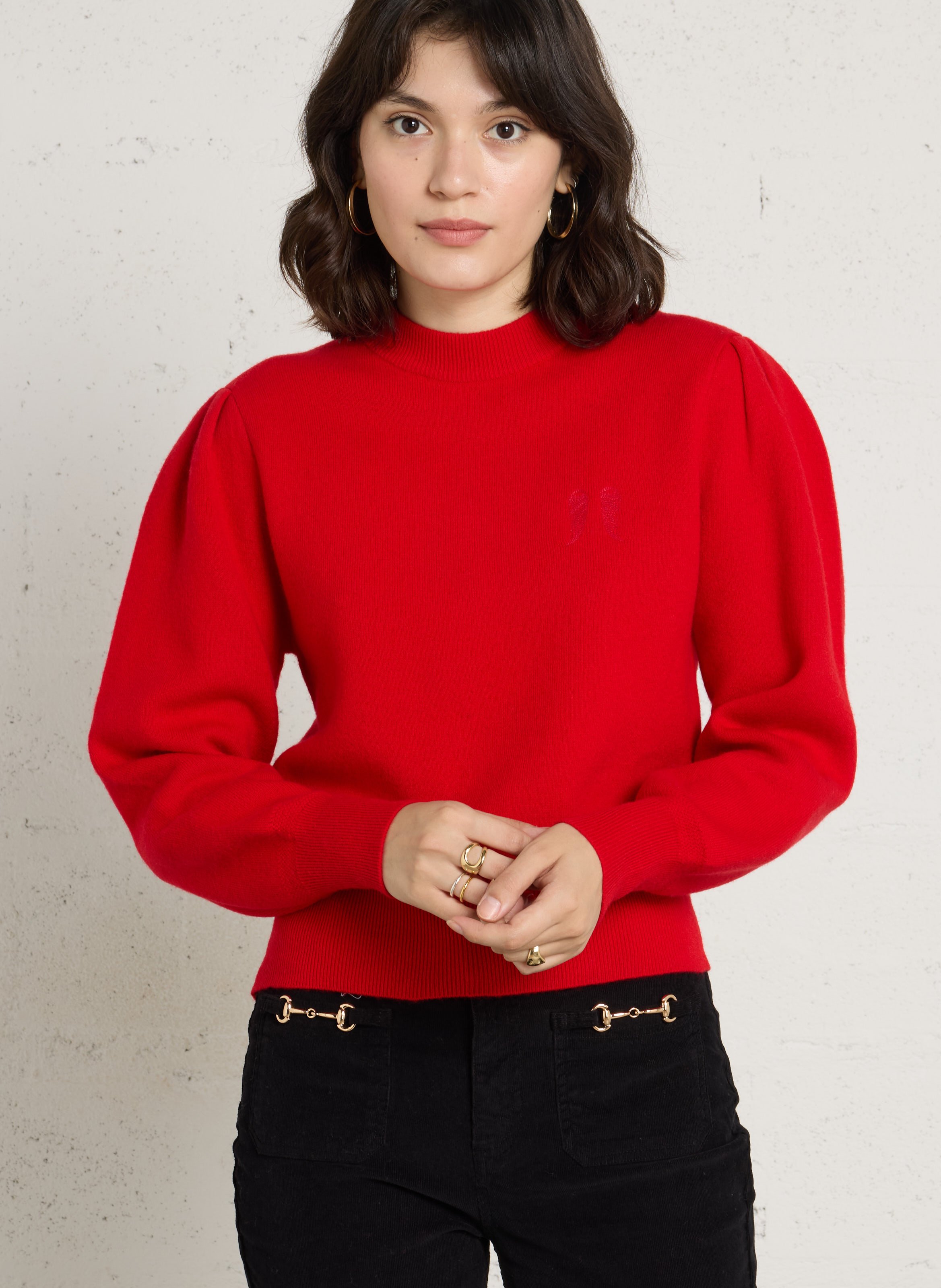 Pull droit col rond brodé en laine BERENICE