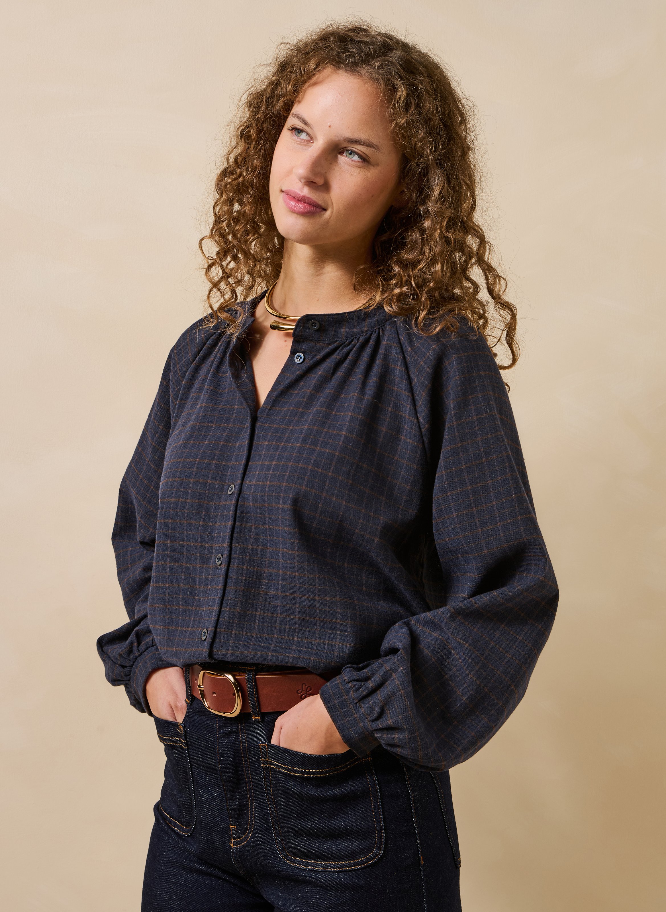Straight-cut round-neck checked blouse in a cotton blend LA FEE MARABOUTEE Blue