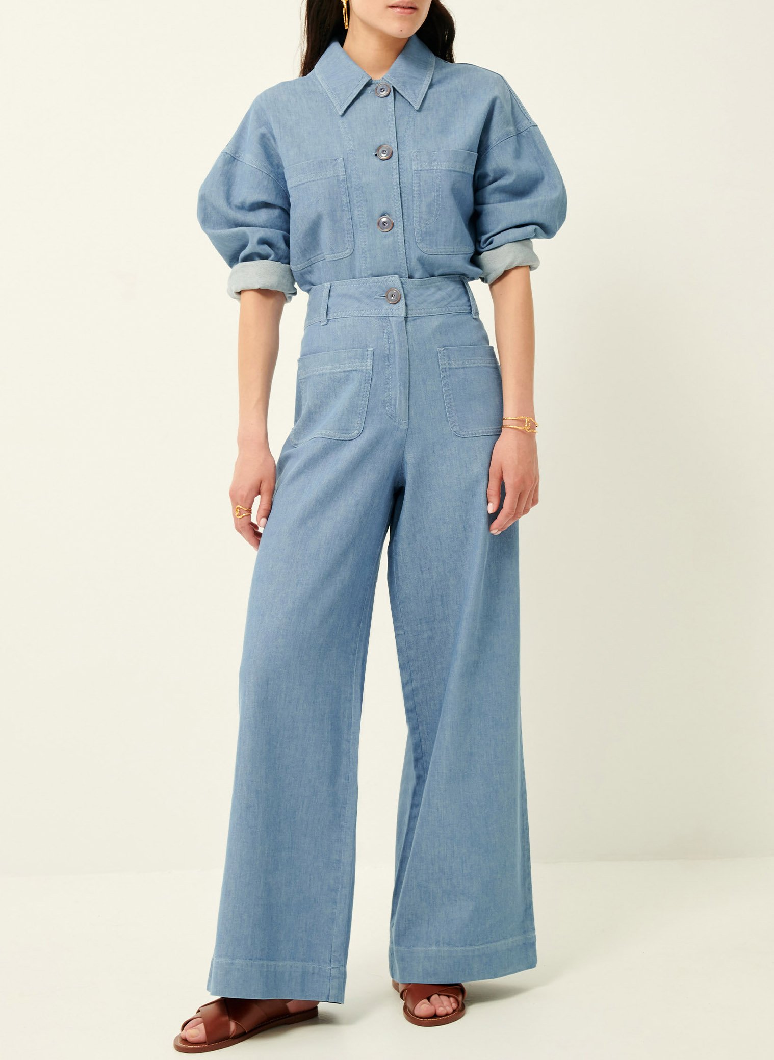 Surchemise droite col classique en coton et lin mélangé SESSUN Bleu