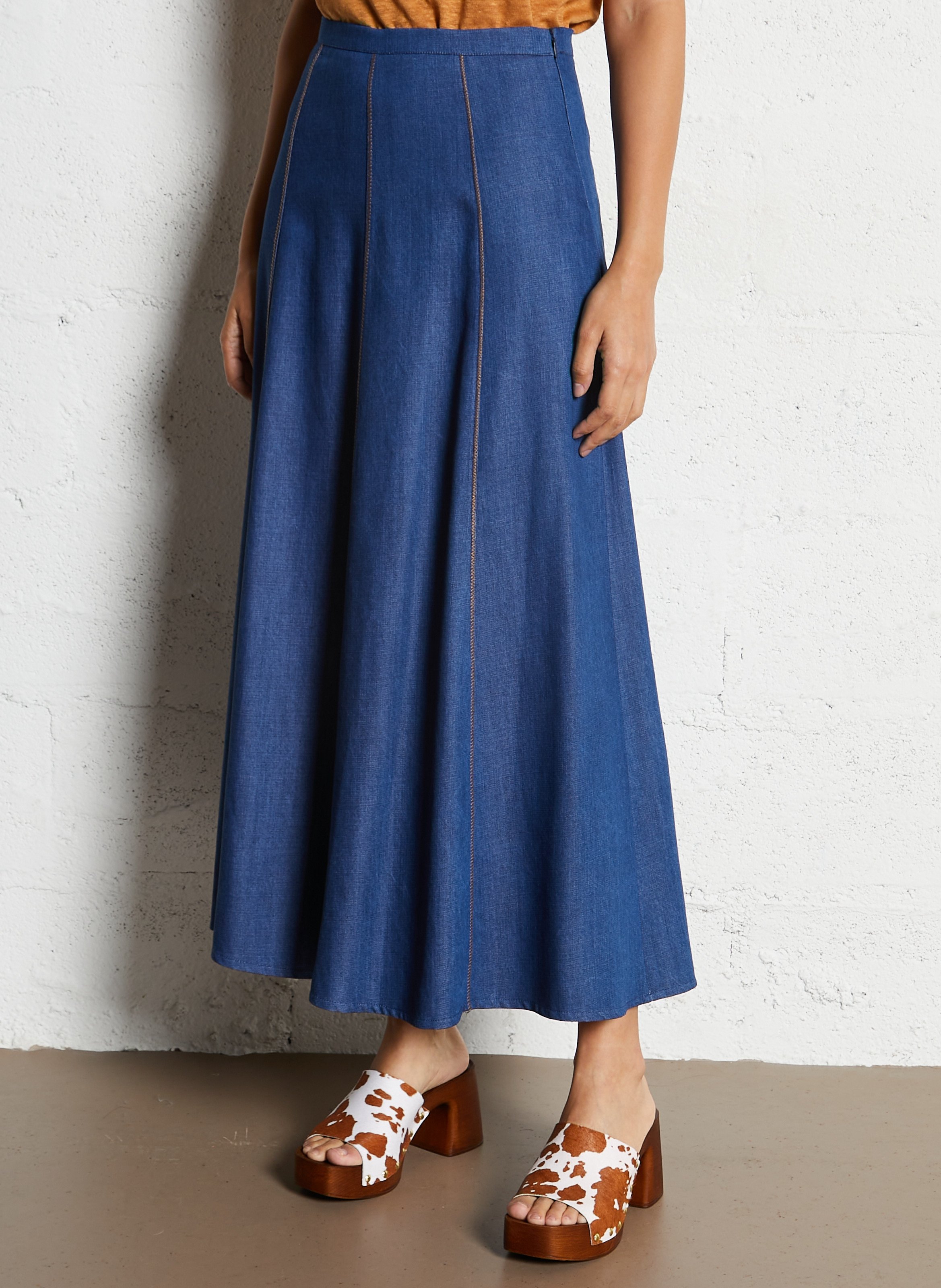 Flared long denim cotton skirt Bleu Max mara week end