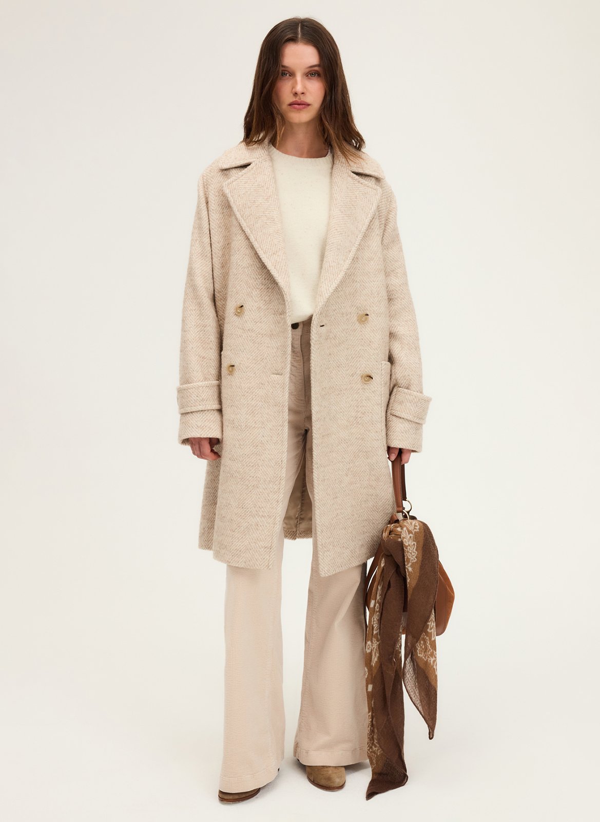 Effen, rechte, wollen jas met lange mouw PABLO Beige