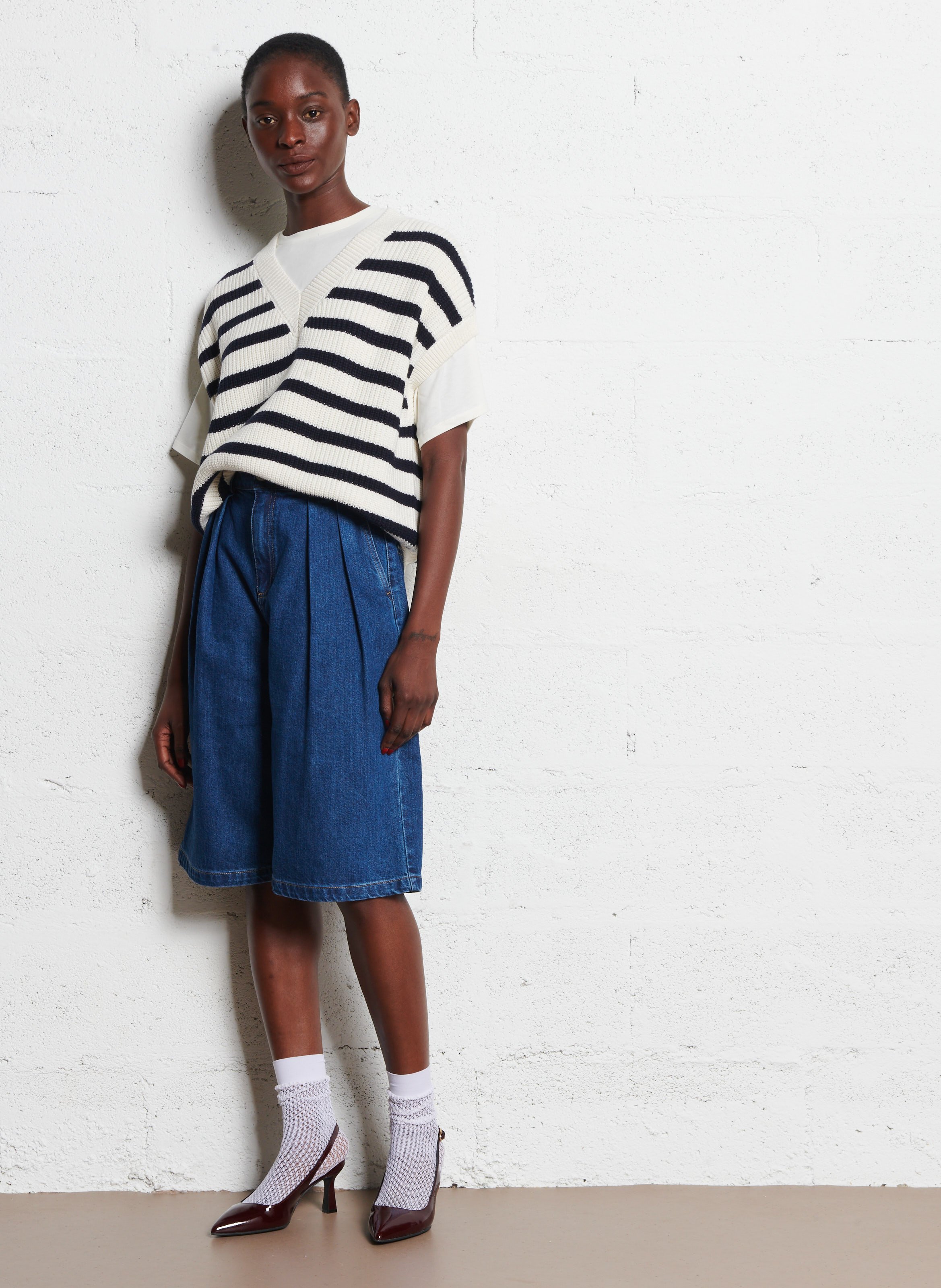 Pull sans manches col V rayé en coton et laine SUD EXPRESS Blanc