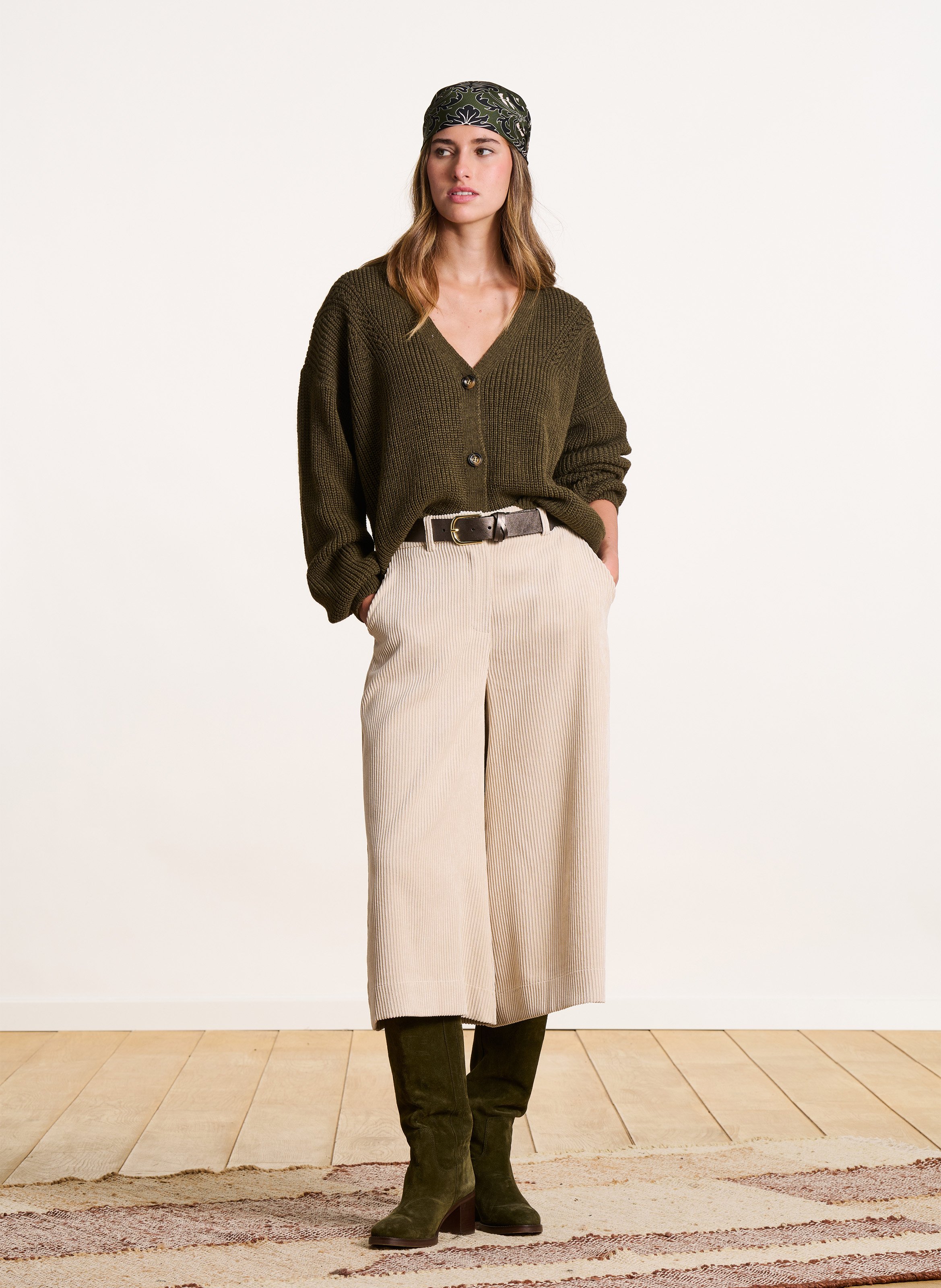 Loose-fit mixed-knit V-neck cardigan LA FEE MARABOUTEE Green