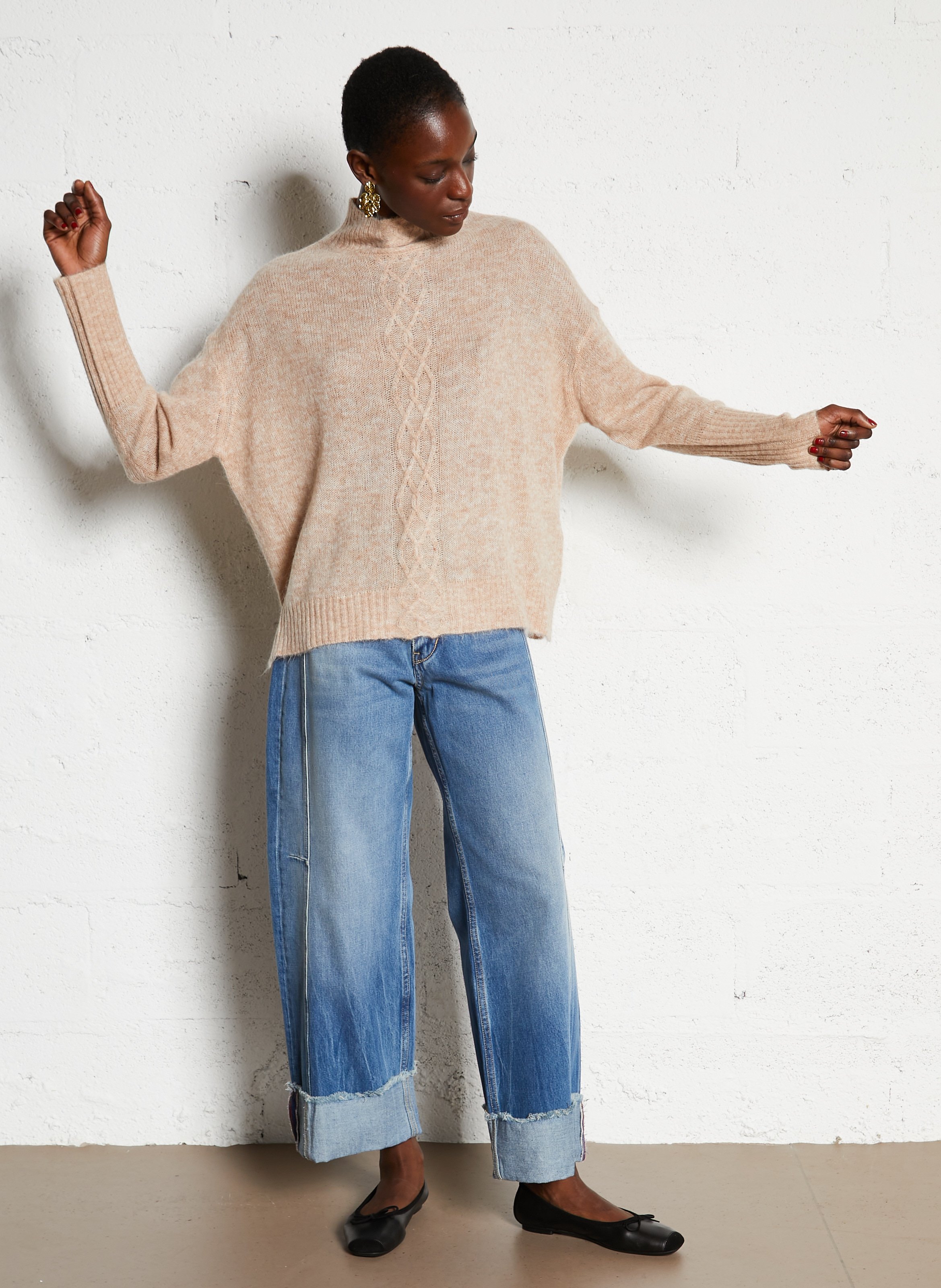 Round-neck mixed-knit cardigan BELLA JONES Beige