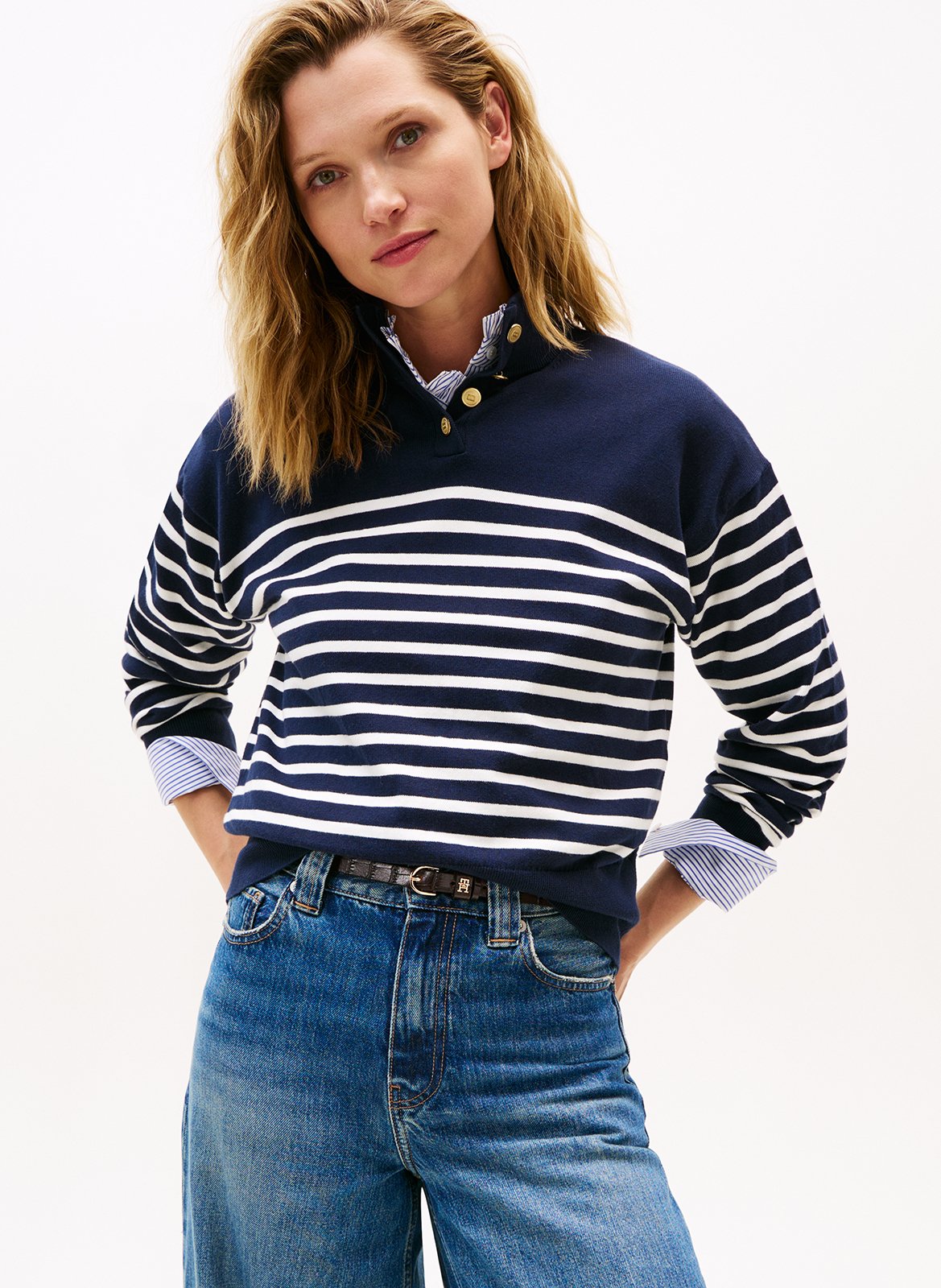 Pull col cheminée boutonné à rayures  TOMMY HILFIGER Bleu