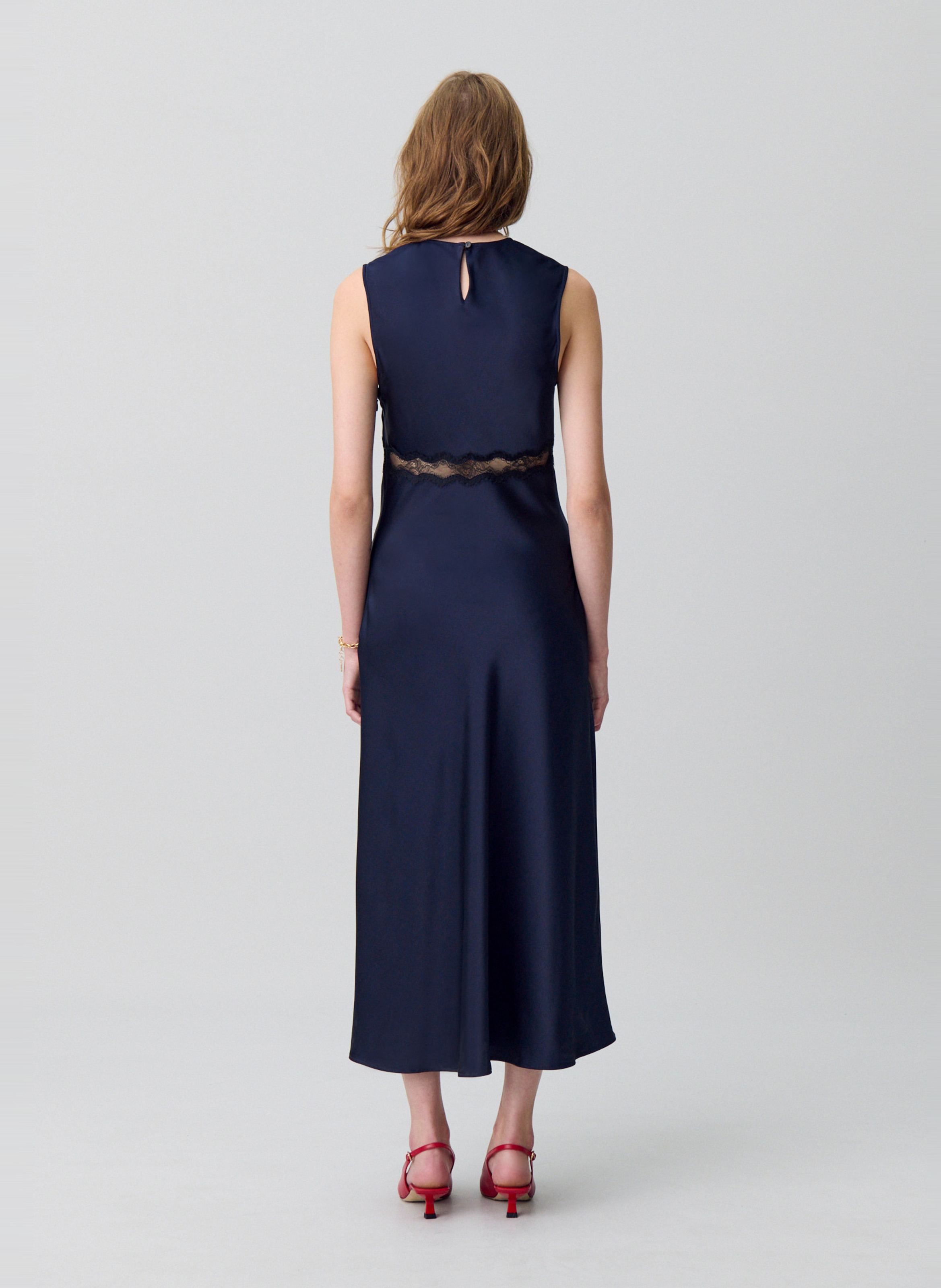 Midi jurk satijn ronde hals Blauw