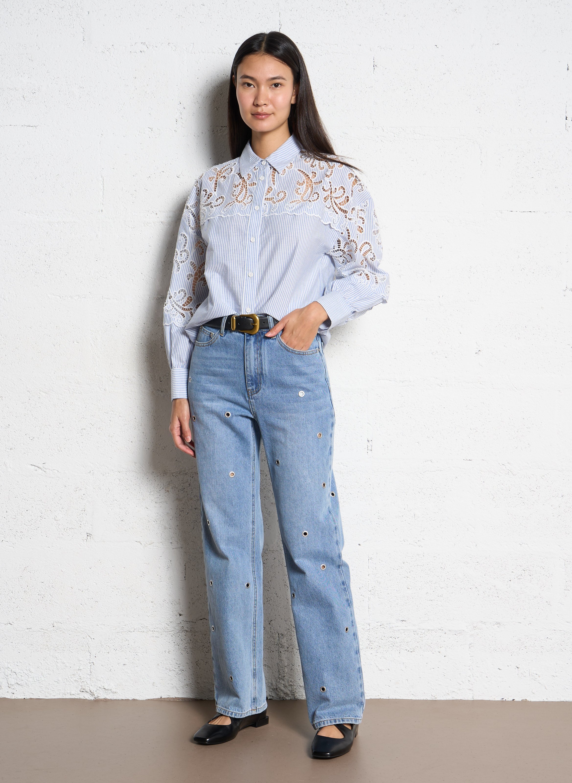 Chemise droite col classique en coton bio rayé SUNCOO Bleu