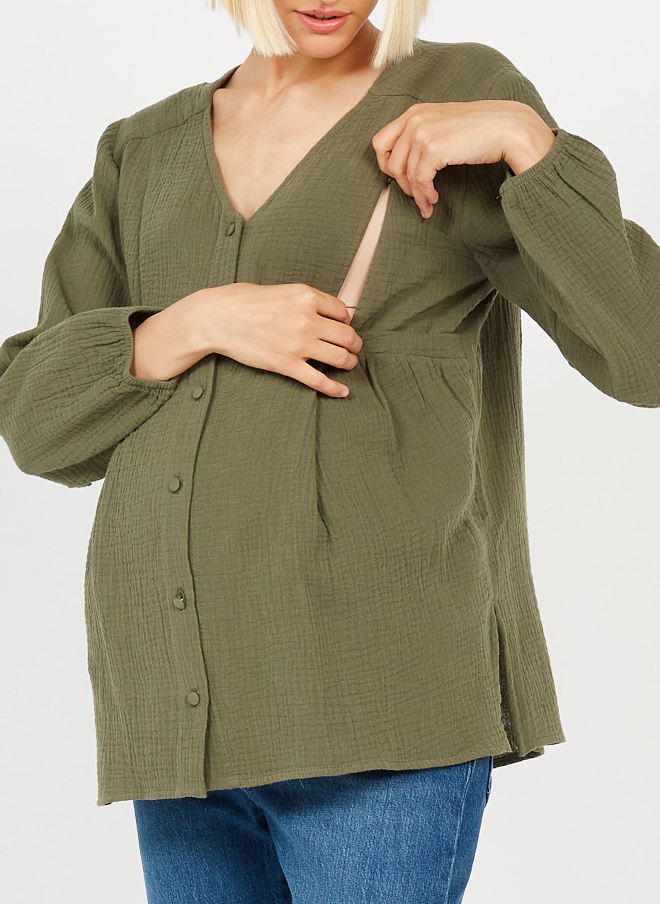 Long-sleeved cotton maternity shirt POLINA Khaki