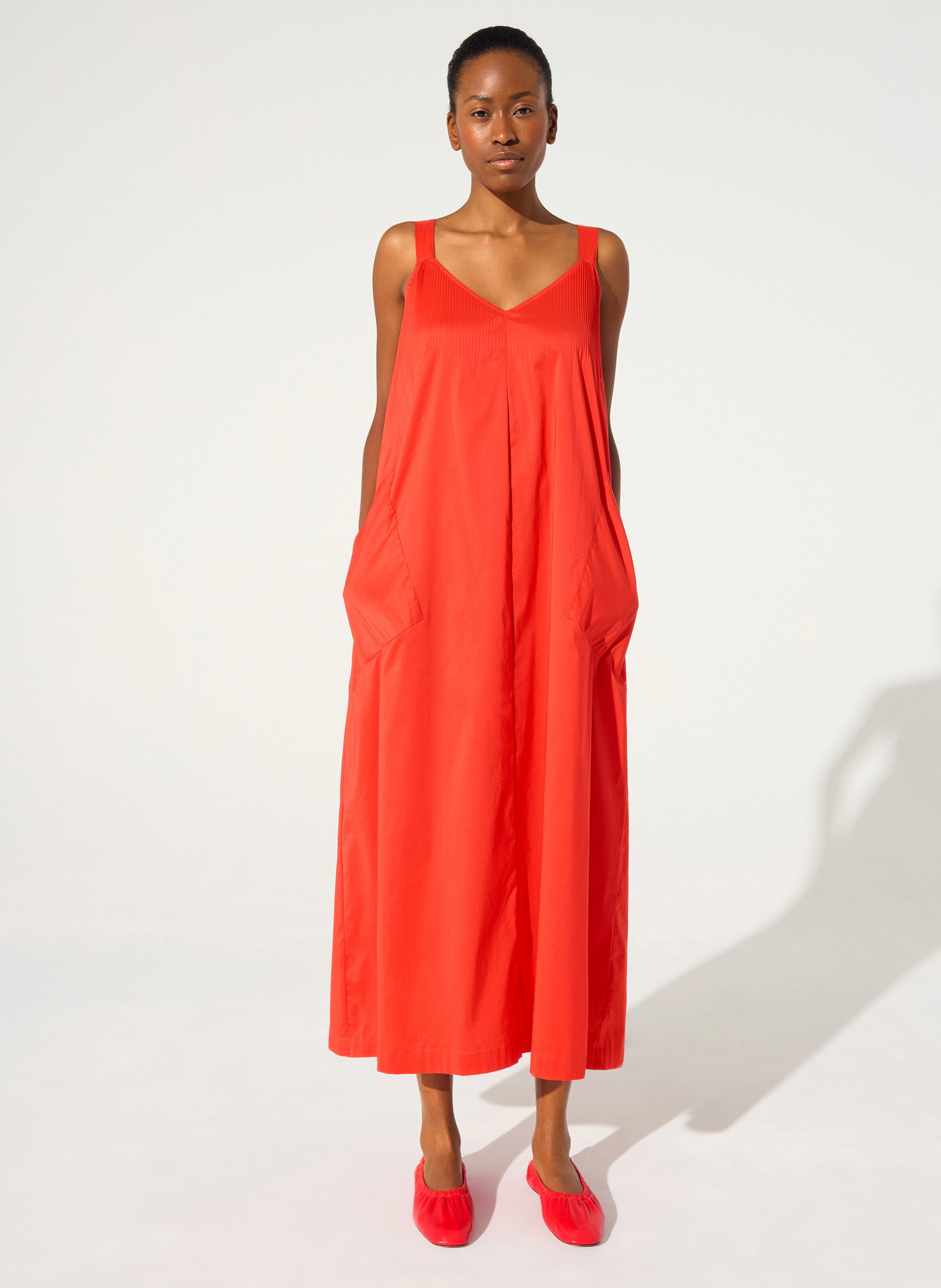 Long cotton-blend V-neck dress COTELAC Red