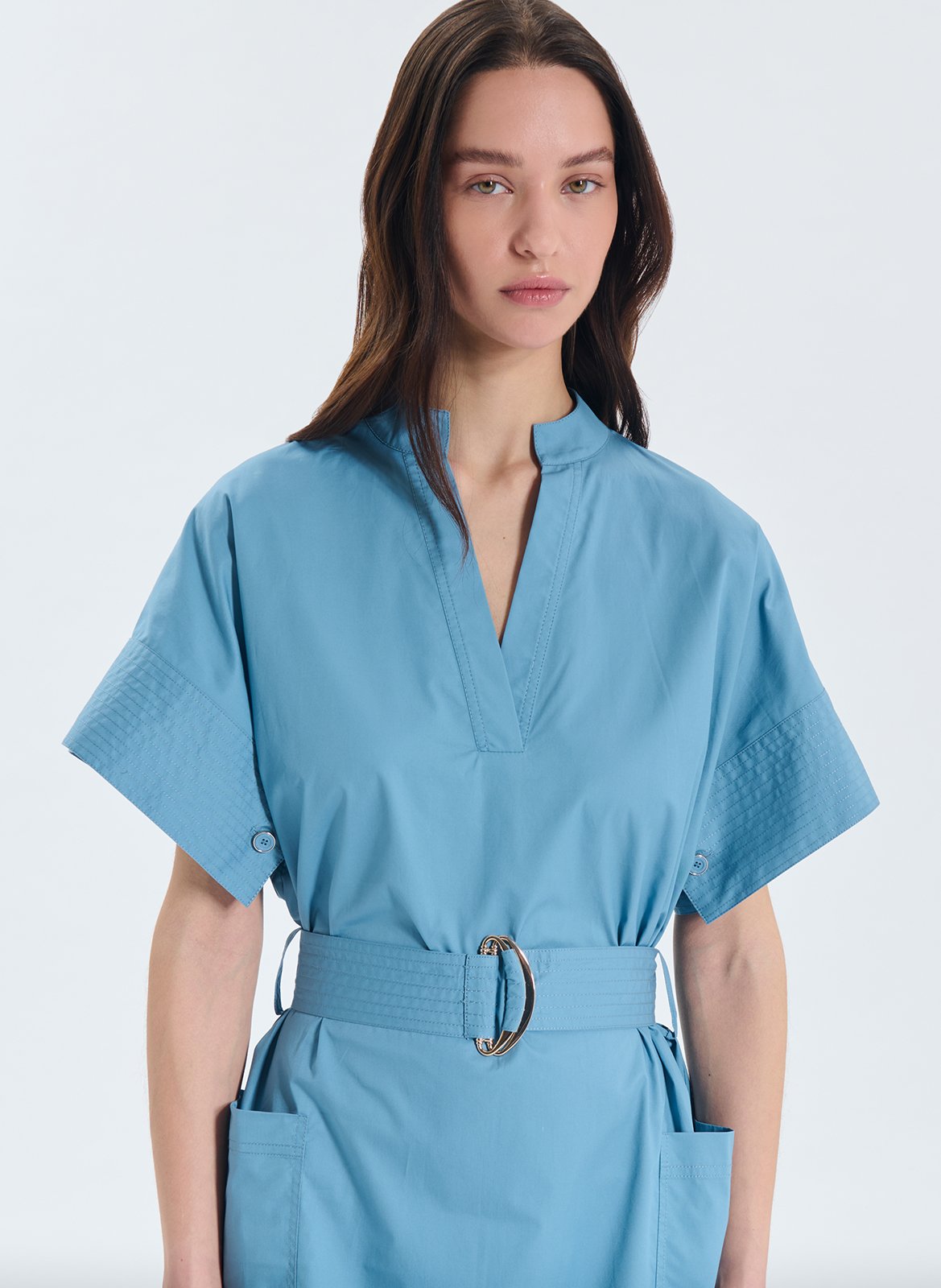 Kurzes Baumwollkleid mit V-Ausschnitt | Blau ZAPA Damen
