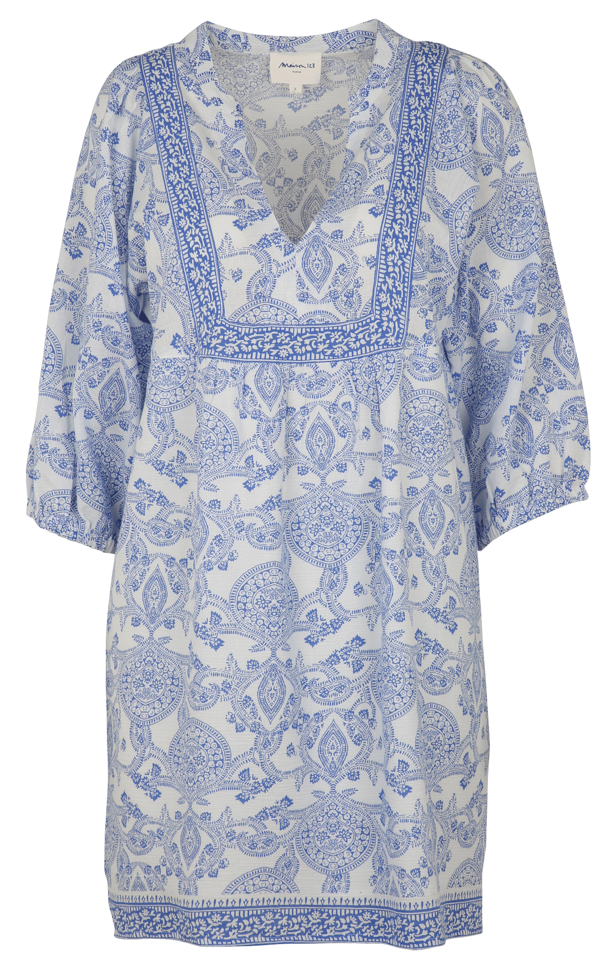Midi dress with Tunisian collar in printed cotton and linen blend MAISON 123 Blue
