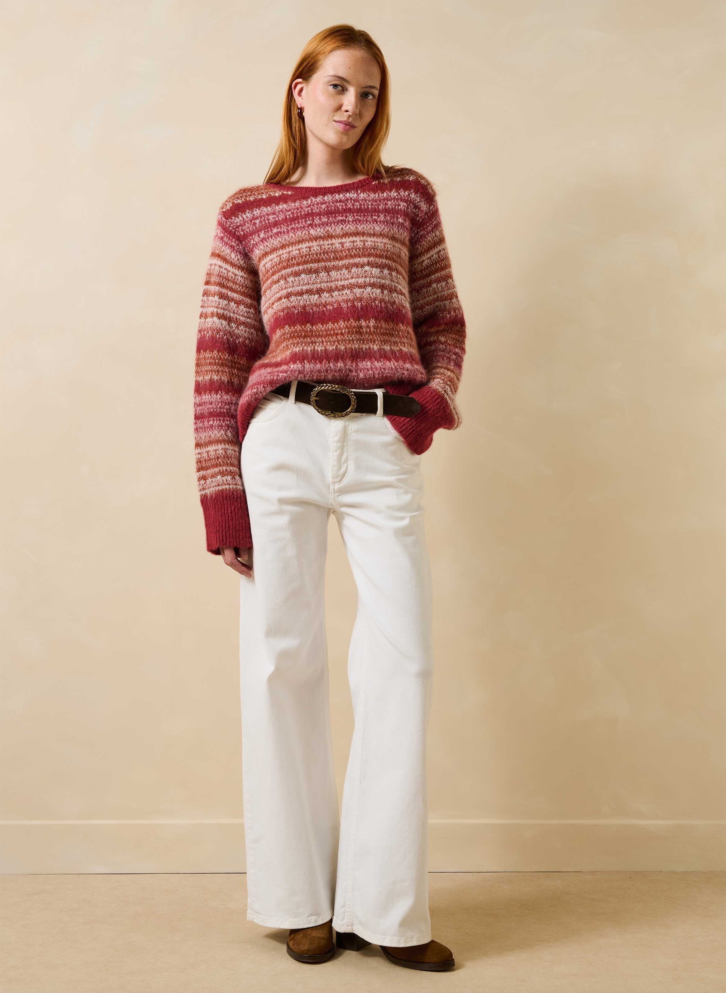 Ample round neck striped metallic knit sweater LA FEE MARABOUTEE Orange