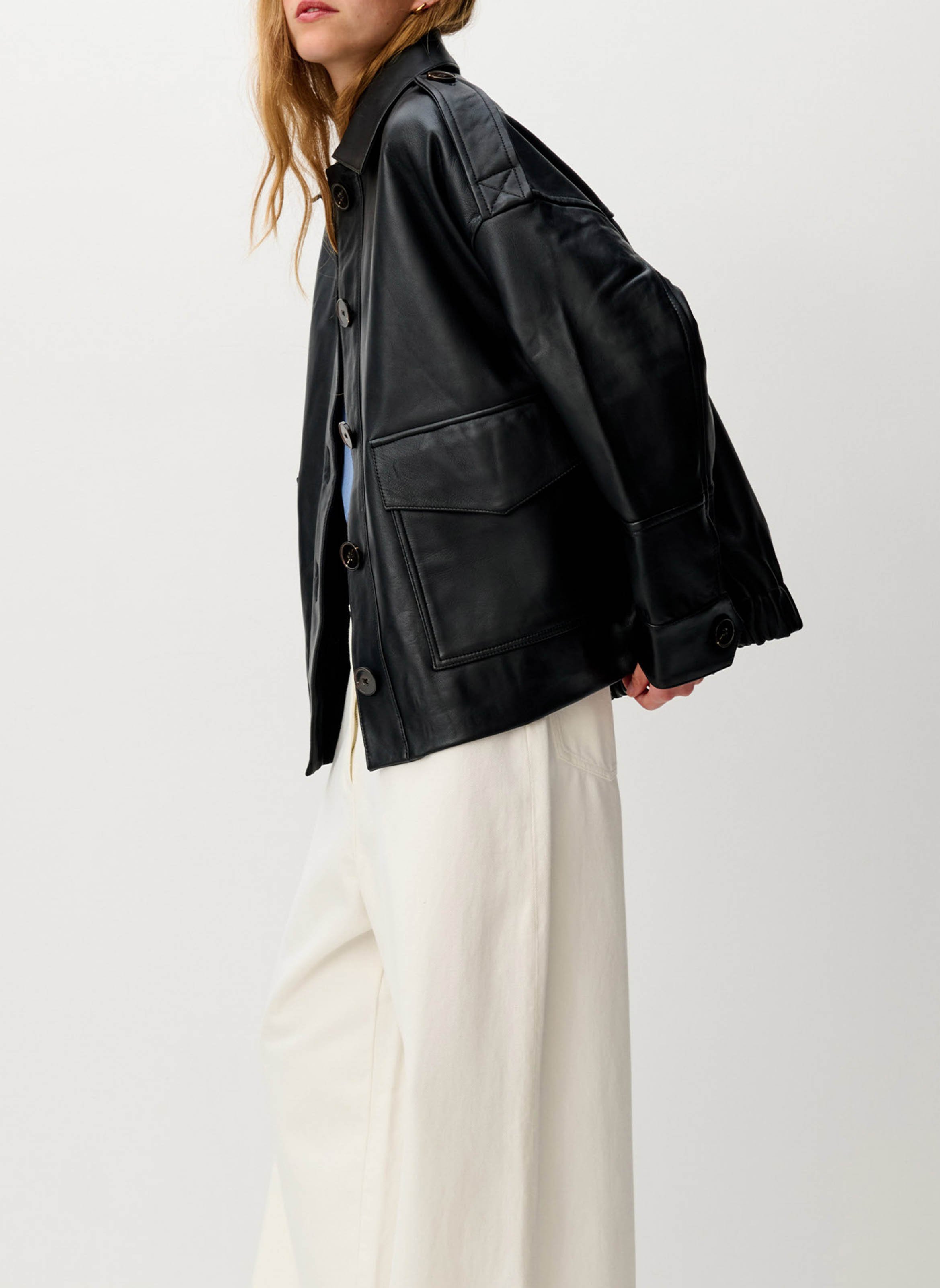 Oversized buttoned leather jacket SESSUN Black