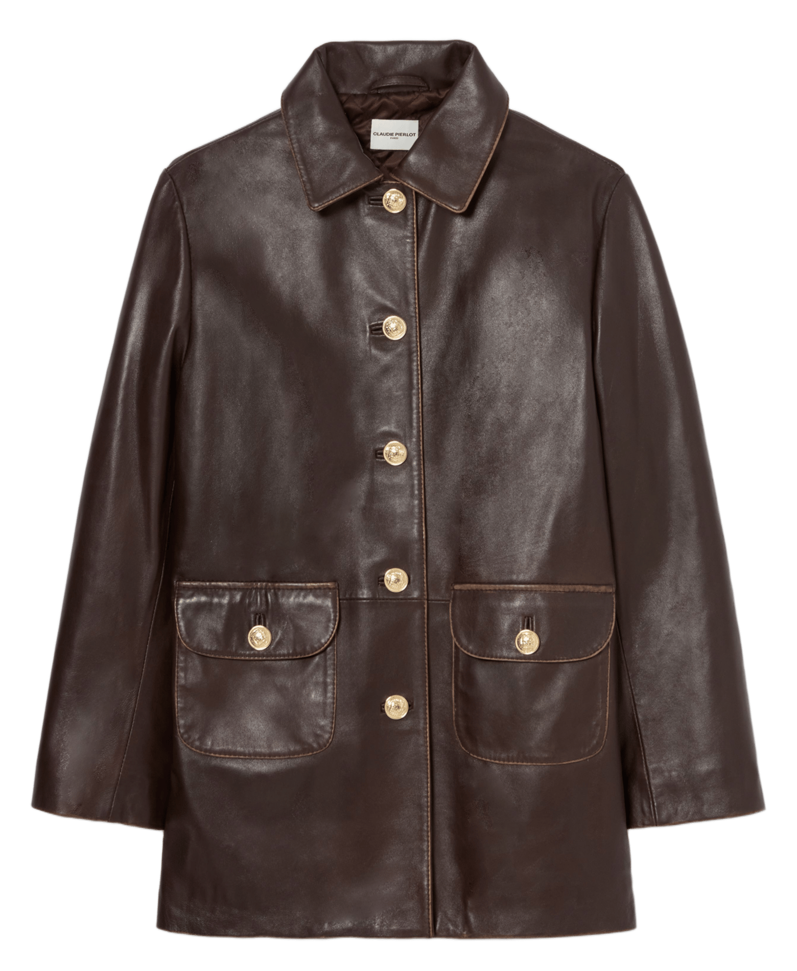Straight buttoned leather jacket CLAUDIE PIERLOT Brown