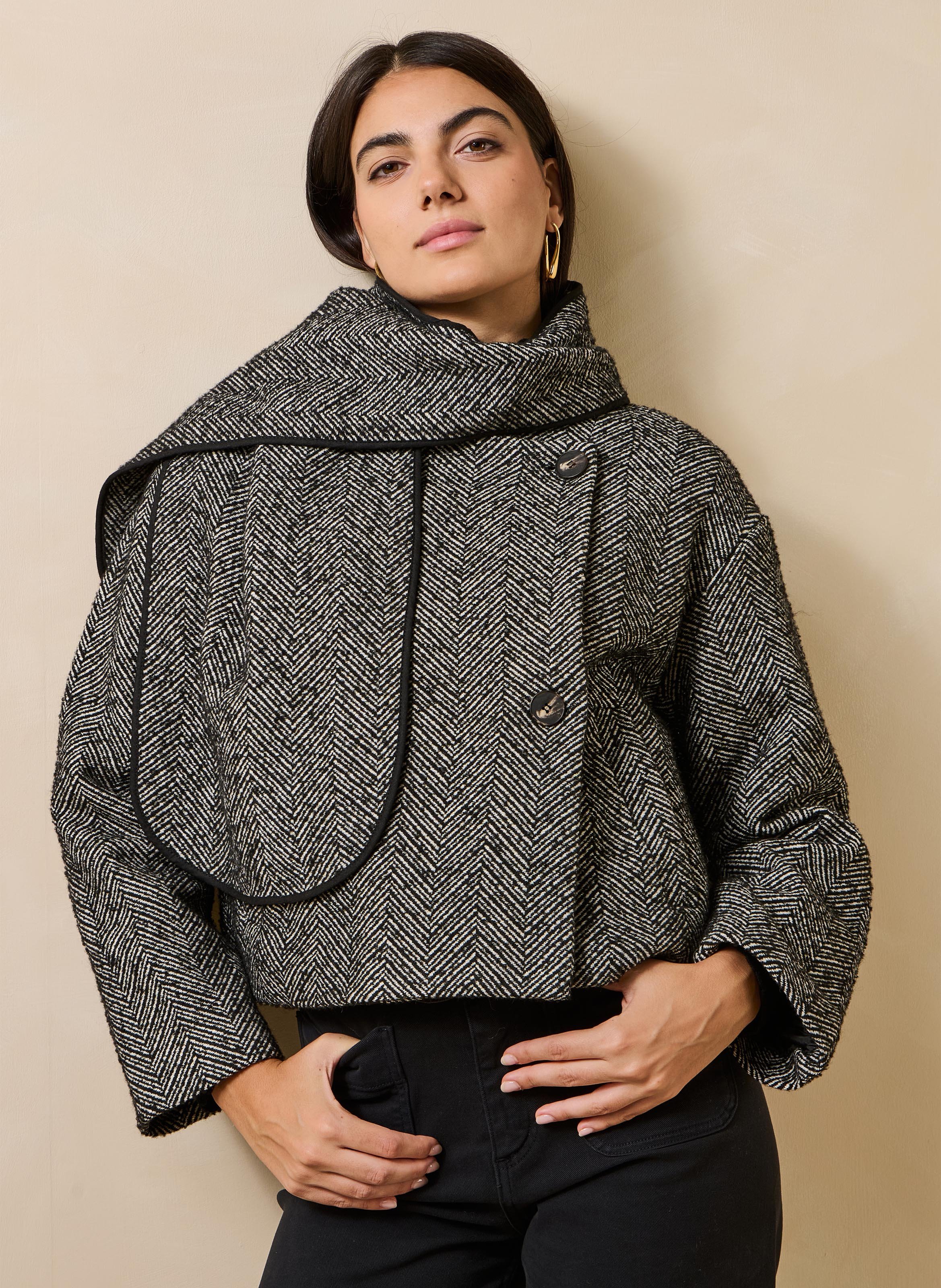 Short oversized coat with herringbone pattern LA FEE MARABOUTEE Black