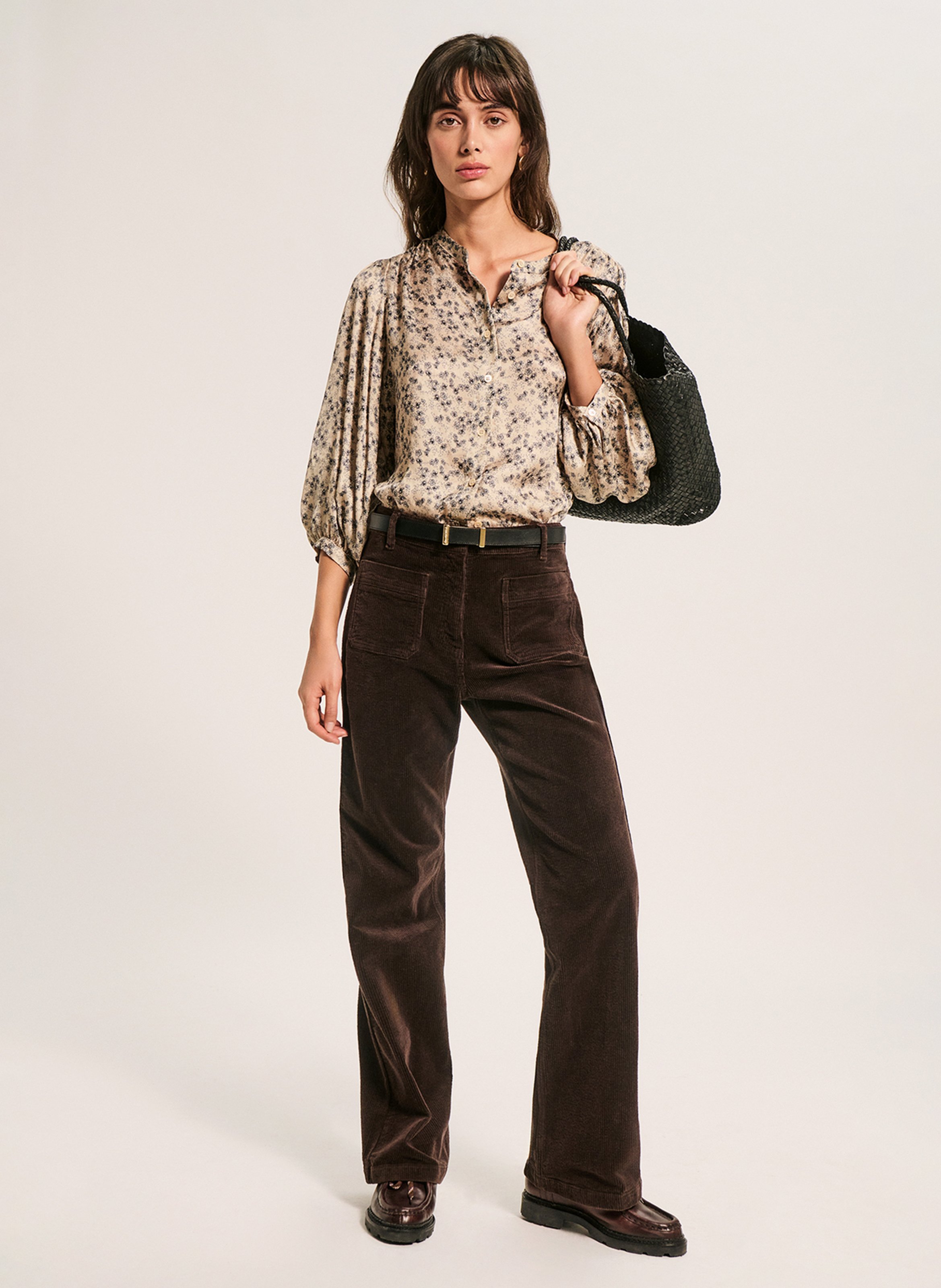 Pantalon droit en velours en coton mélangé PABLO Marron