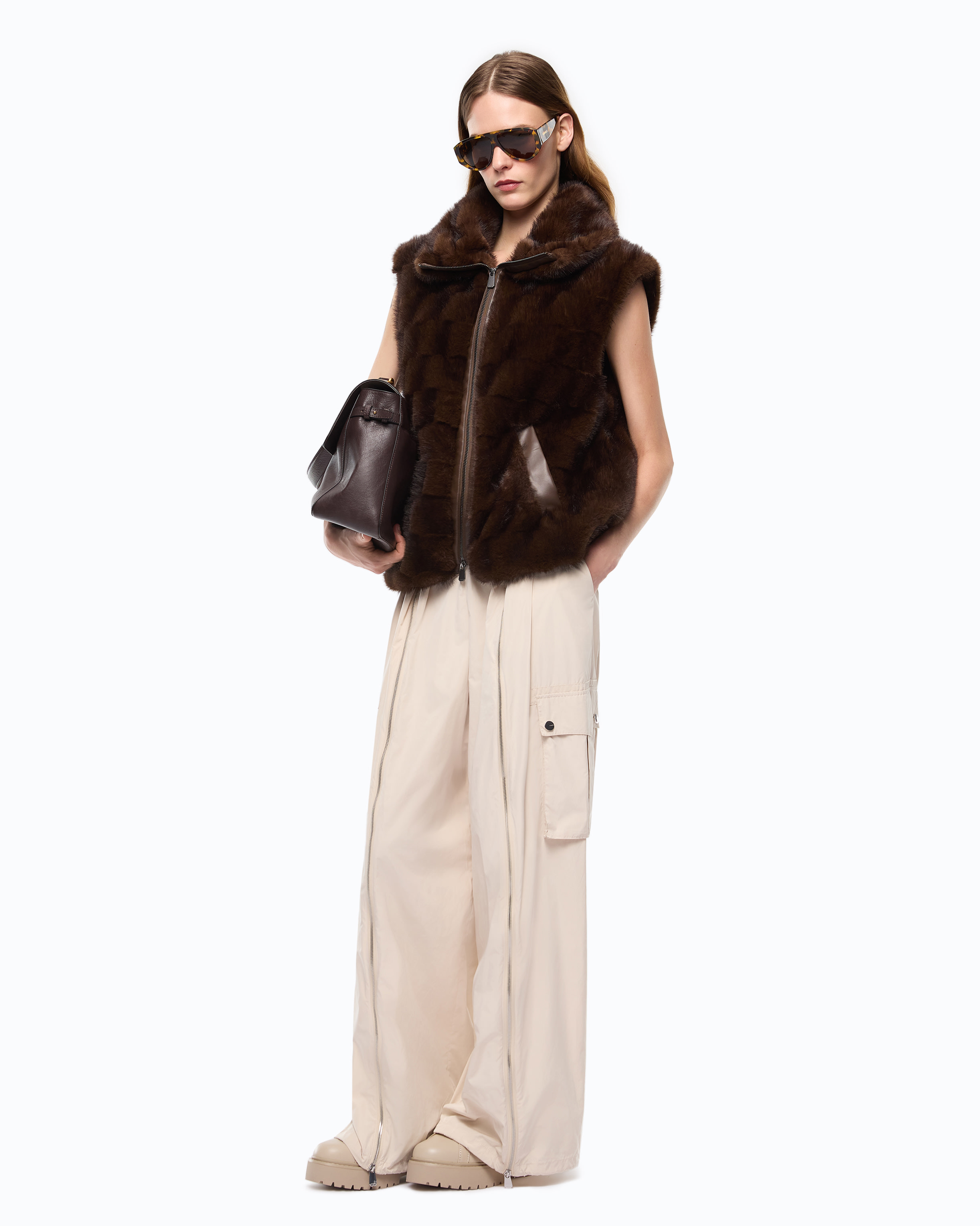 Gilet zippé en fourrure synthétique PINKO Marron
