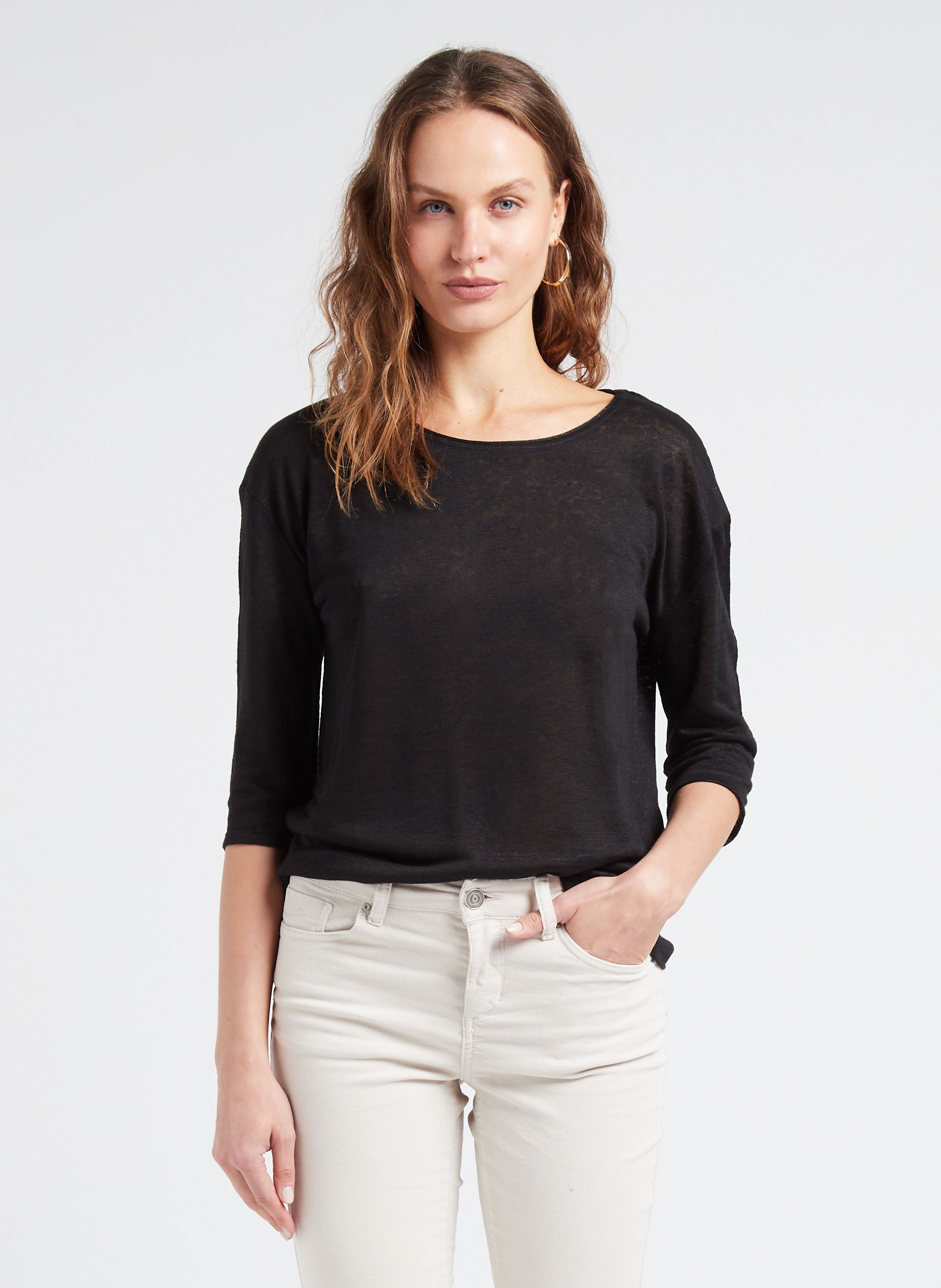 Black V neck linen T shirt with 3 4 sleeves