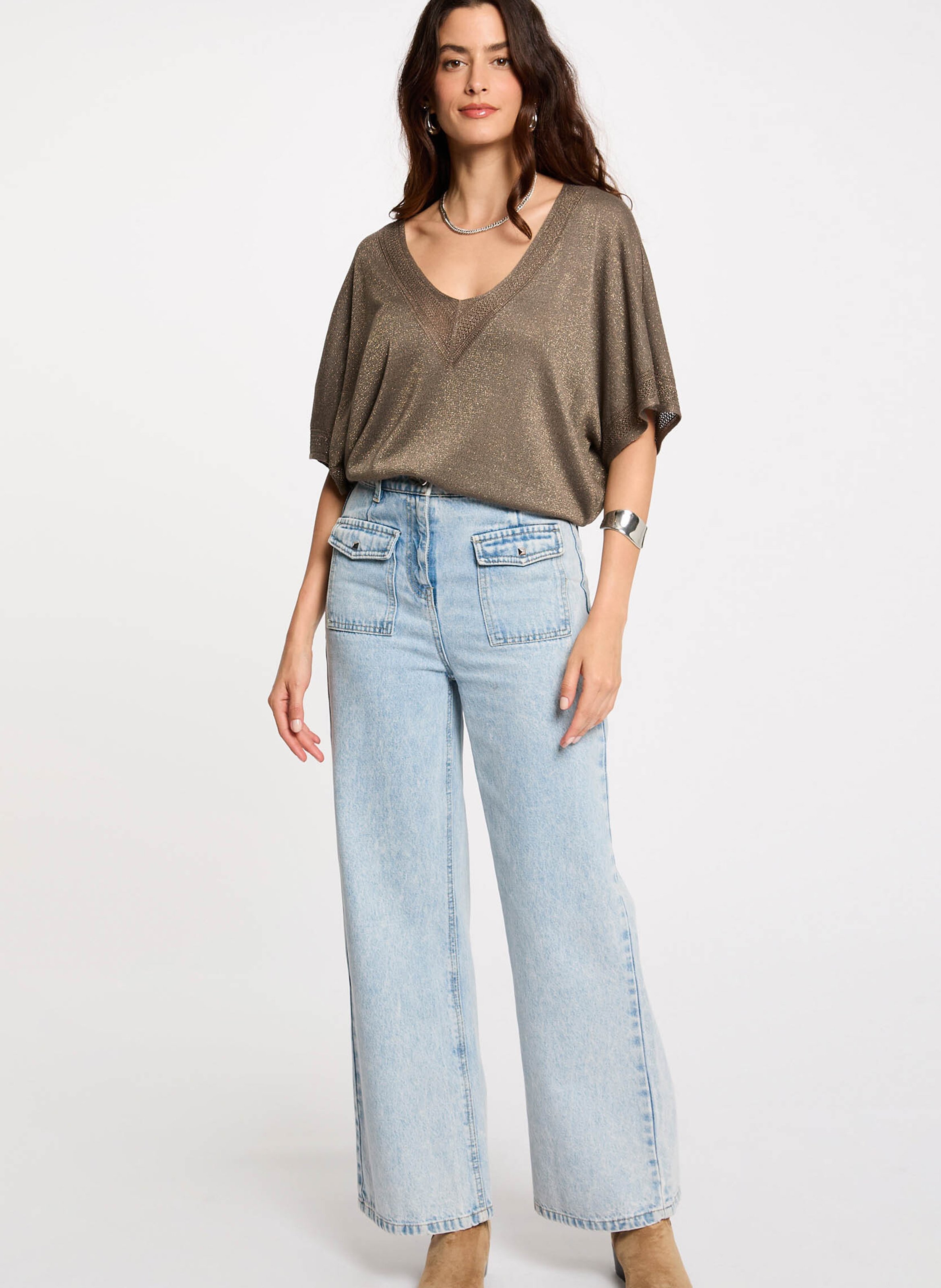 Pull droit col V à détail métallisé MORGAN Vert