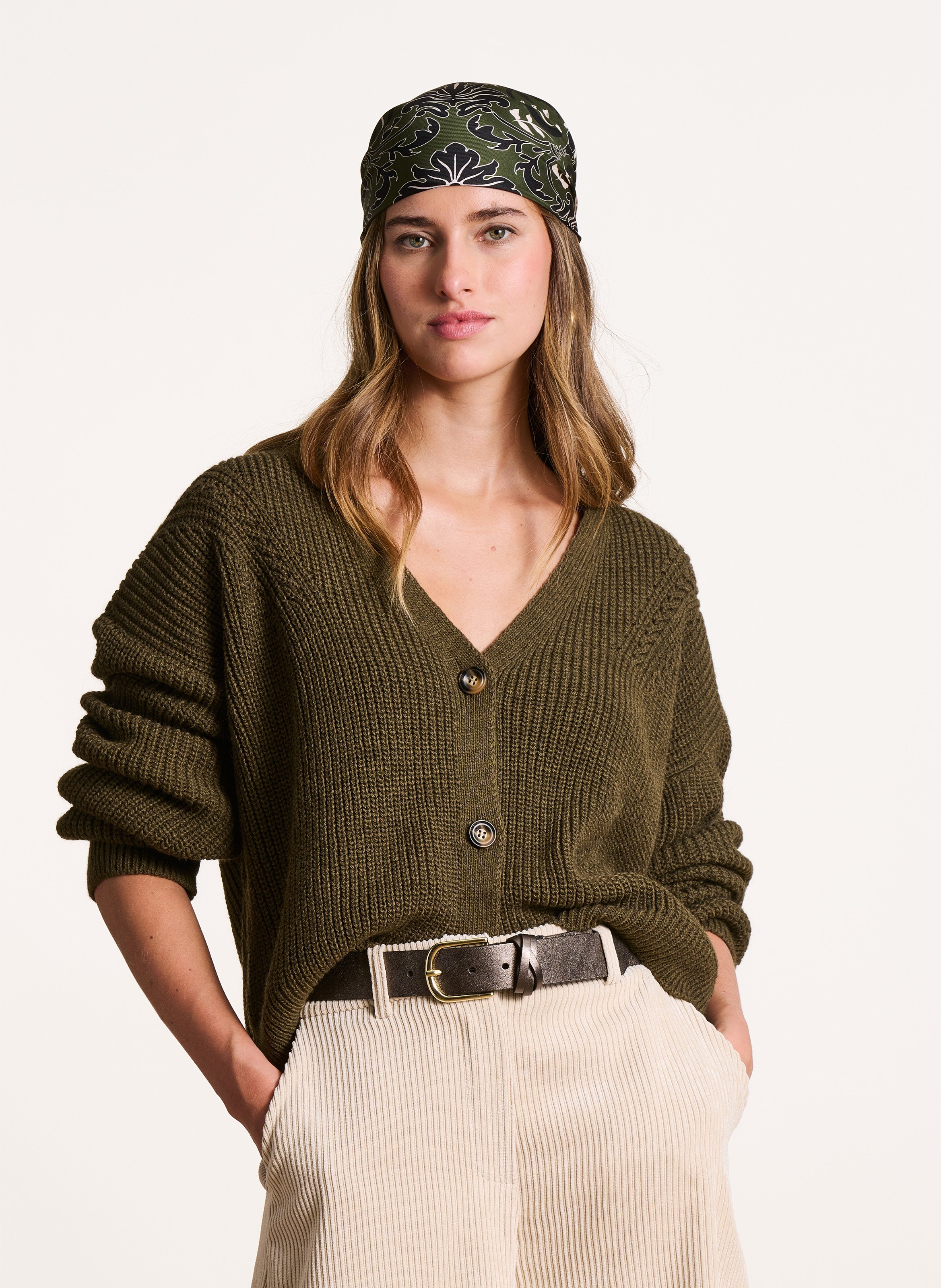 Loose-fit mixed-knit V-neck cardigan LA FEE MARABOUTEE Green