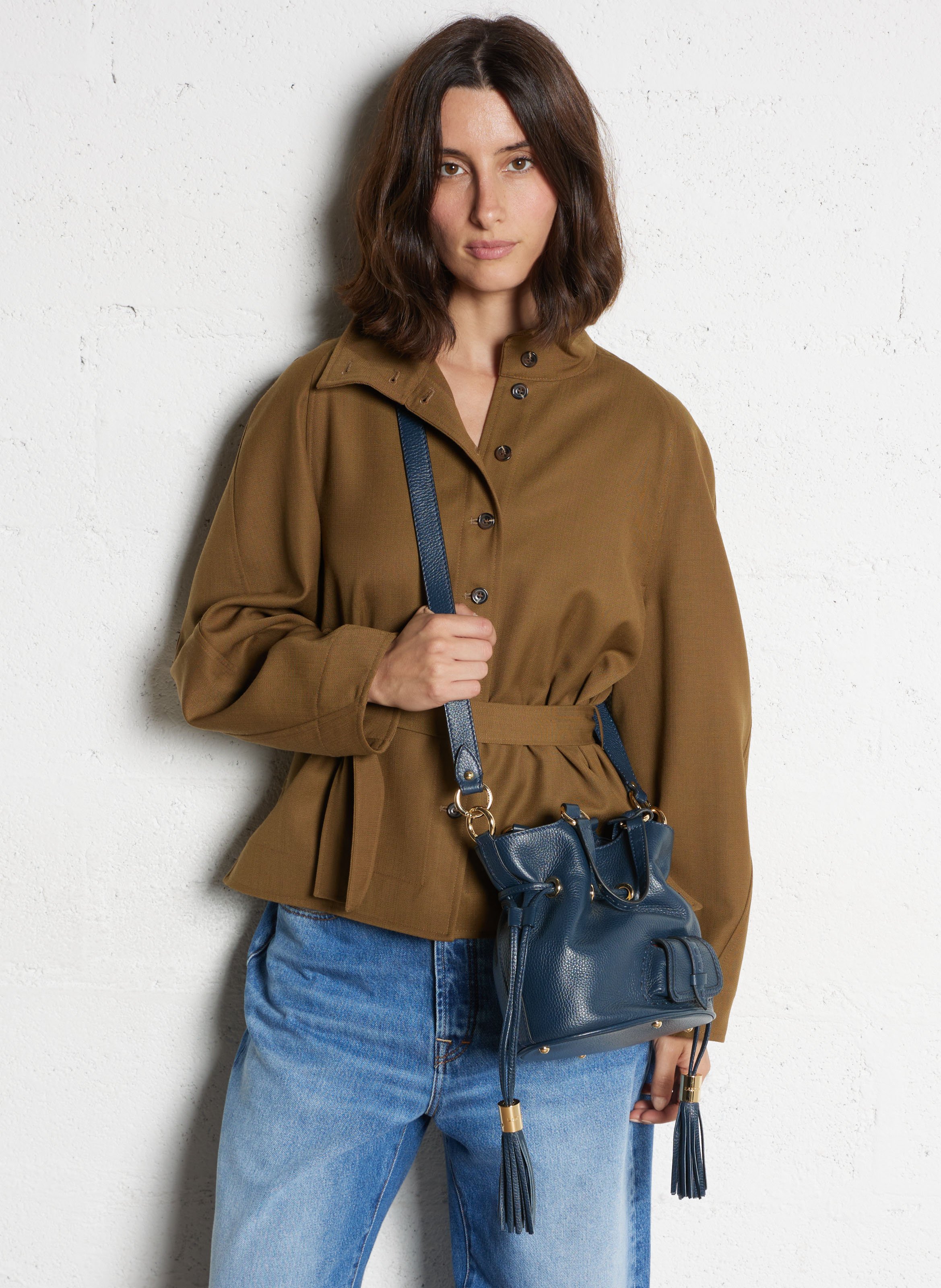 Sac seau en cuir grainé LANCEL Bleu