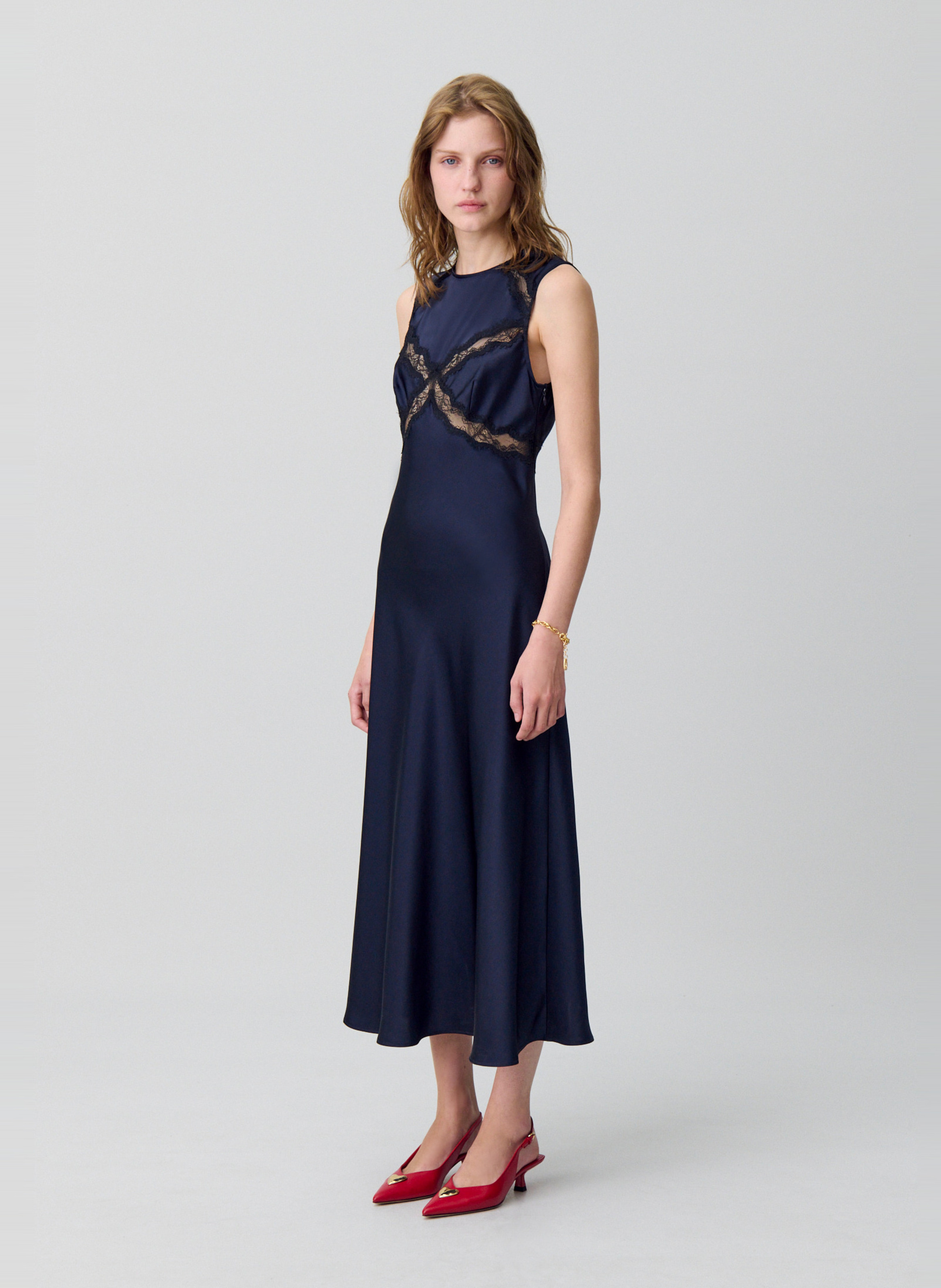 Midi jurk satijn ronde hals Blauw