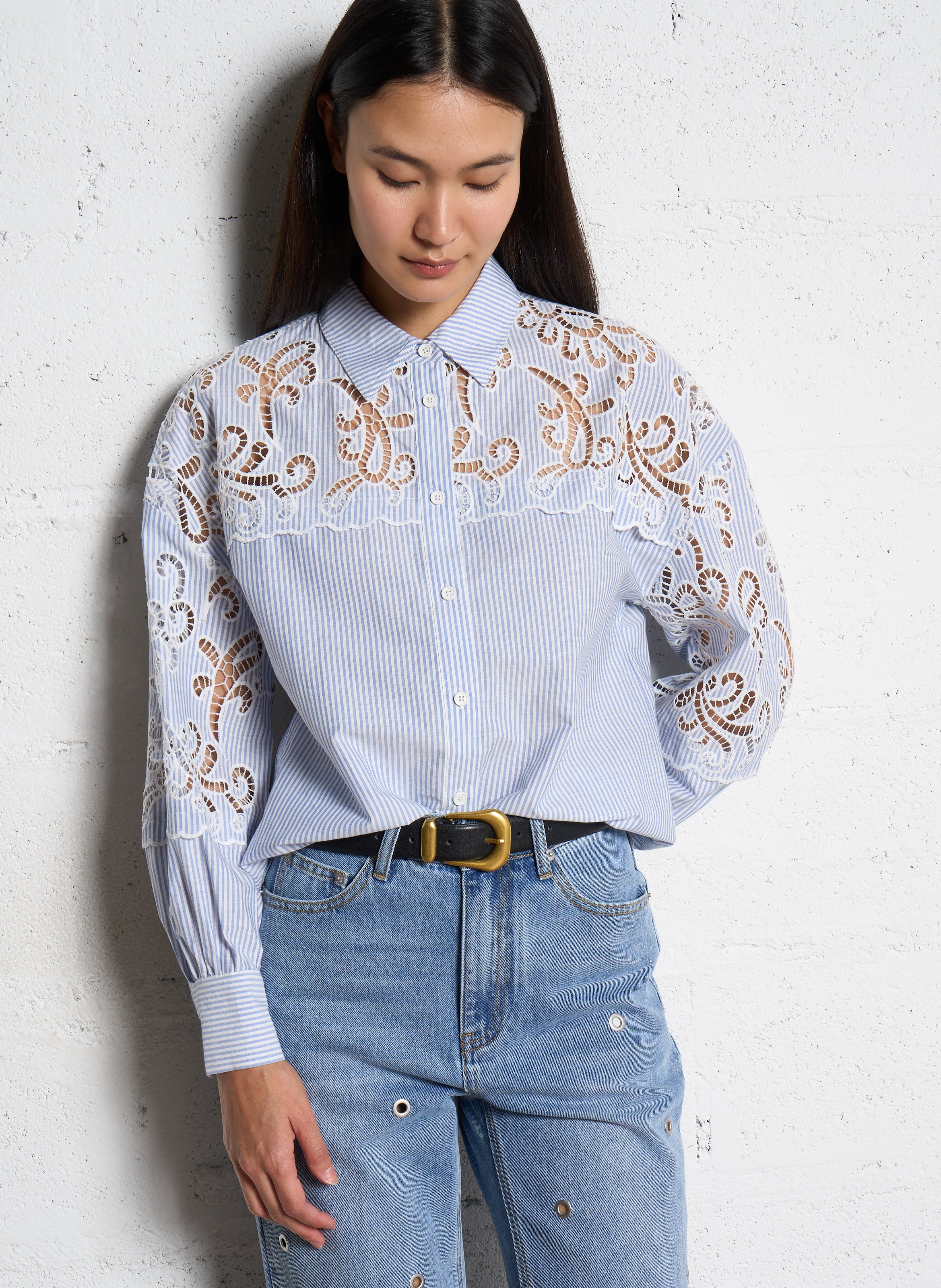 Chemise droite col classique en coton bio rayé SUNCOO Bleu