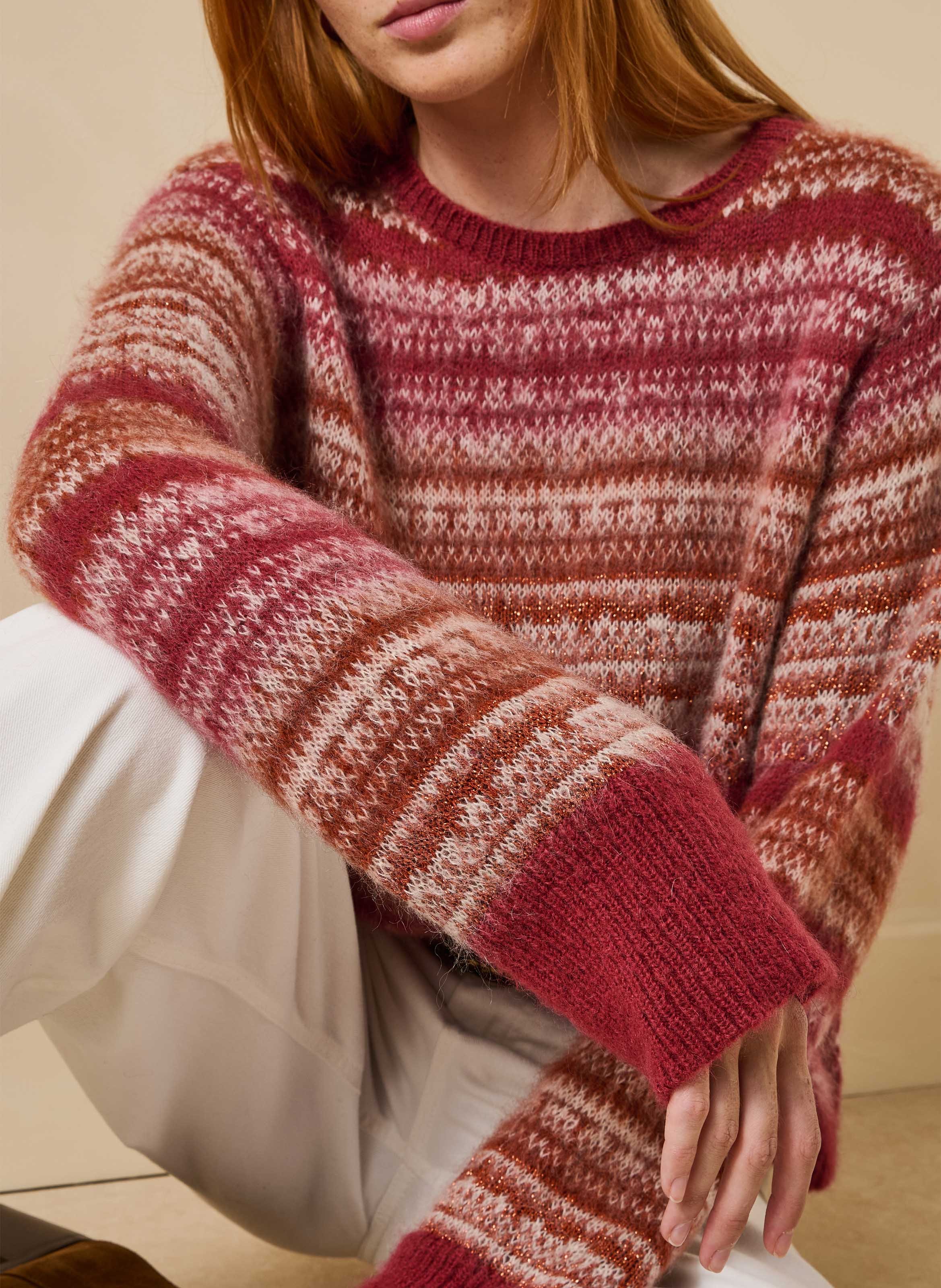 Ample round neck striped metallic knit sweater LA FEE MARABOUTEE Orange