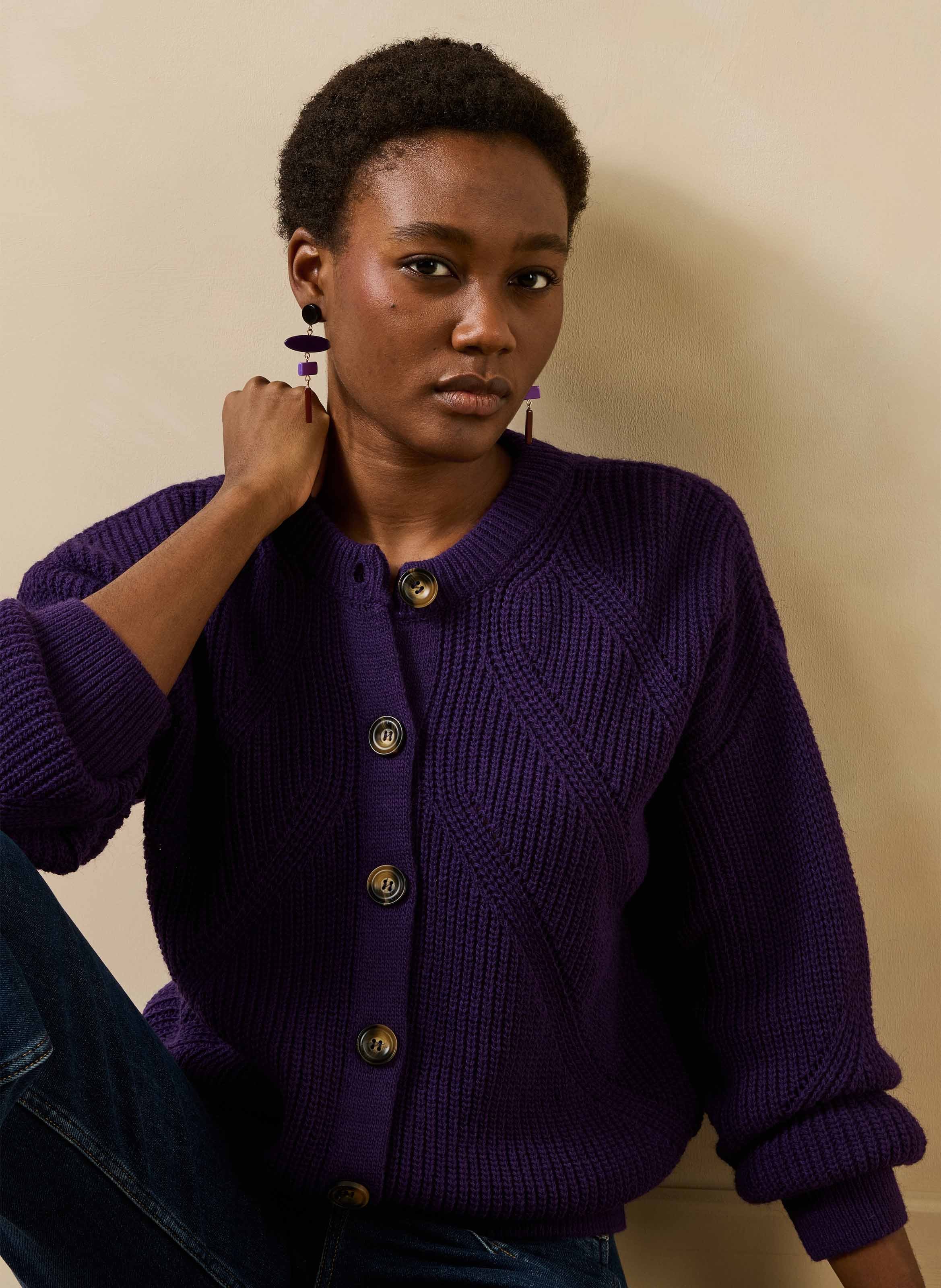 Round-neck cardigan in mixed wool LA FEE MARABOUTEE Purple