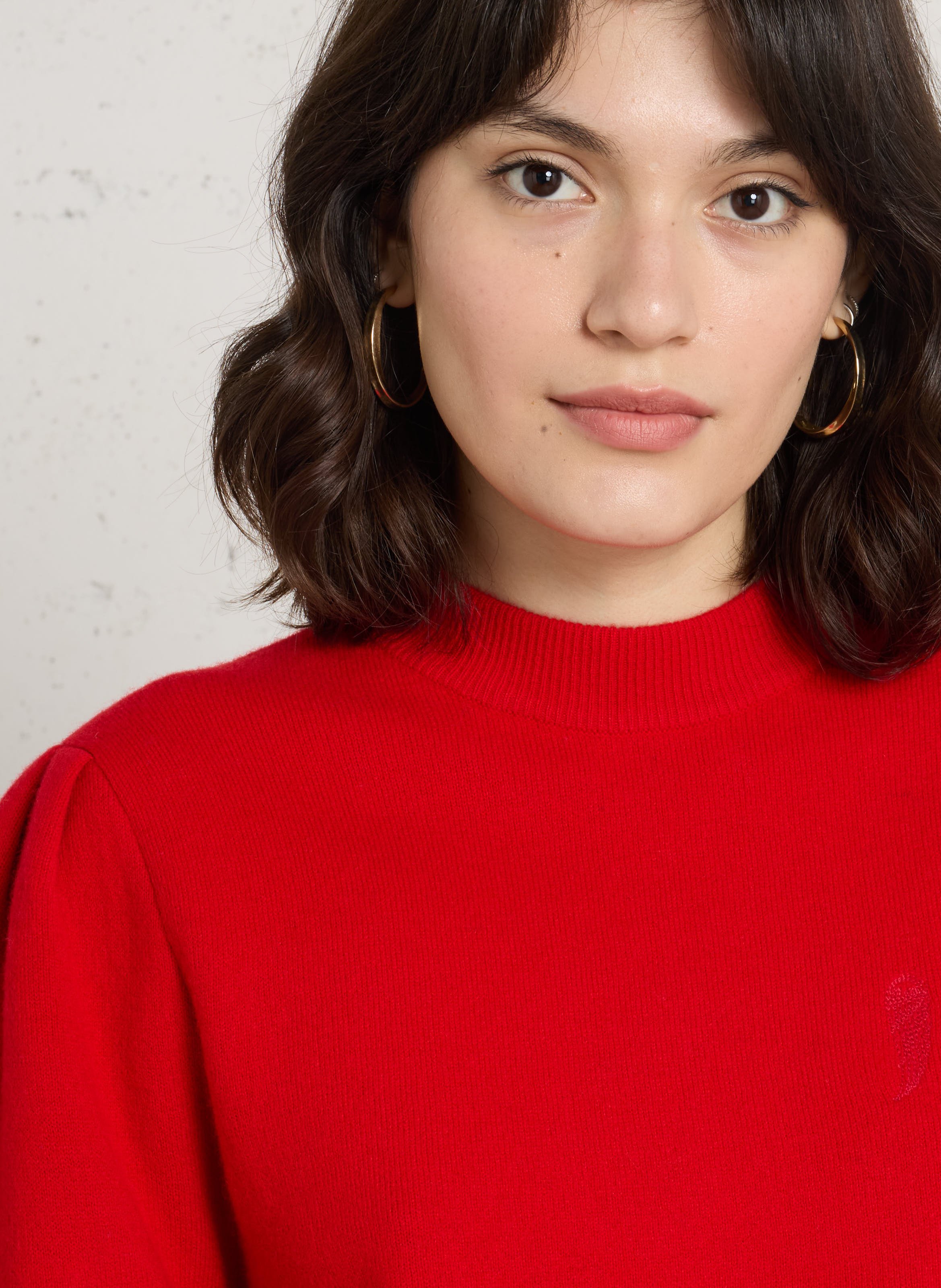 Pull droit col rond brodé en laine BERENICE Rouge