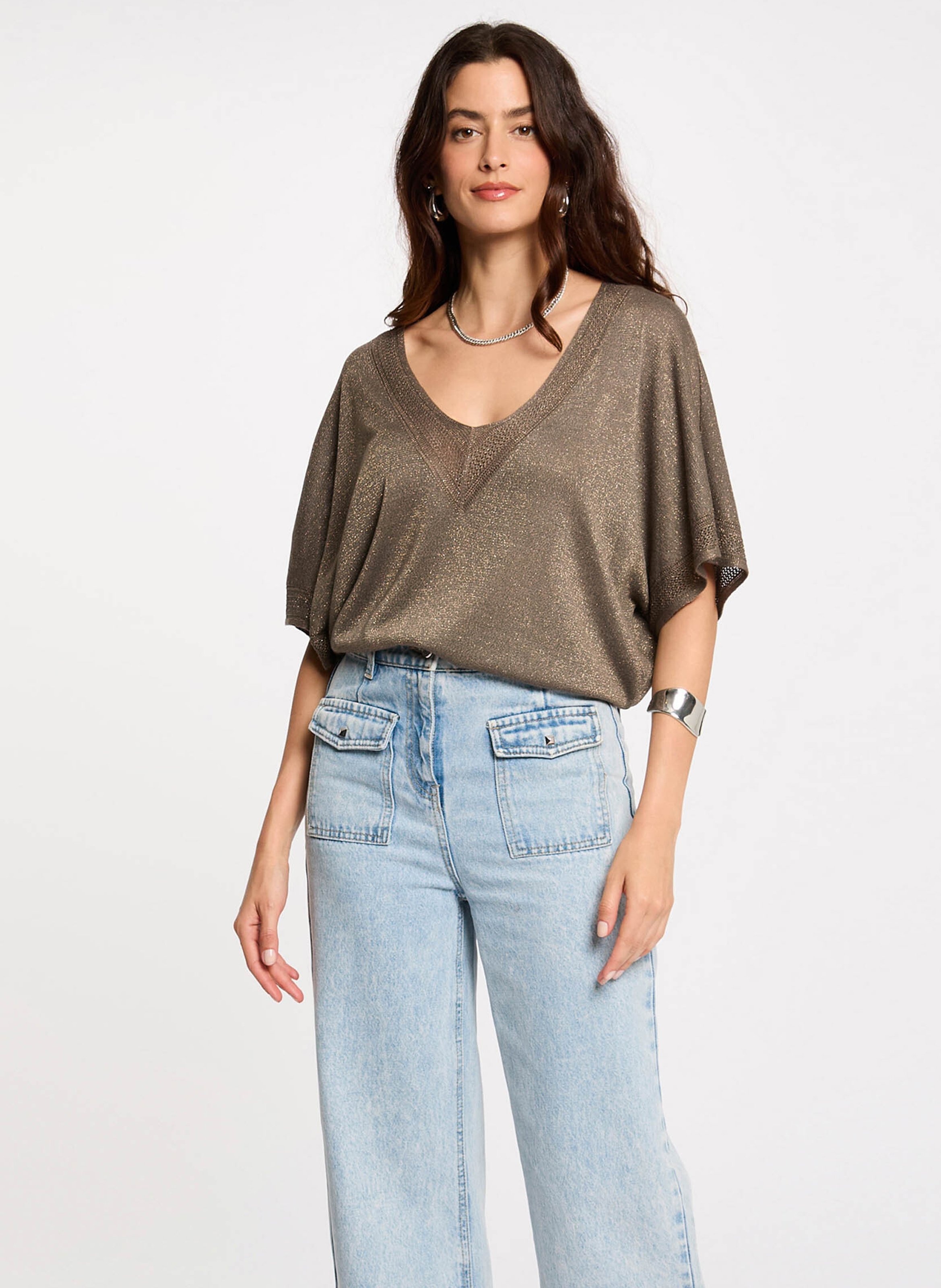 Straight V-neck sweater with metallic detail MORGAN