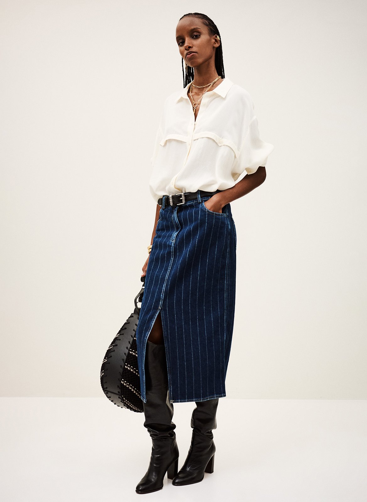 Jupe midi en coton rayé BA&SH Bleu