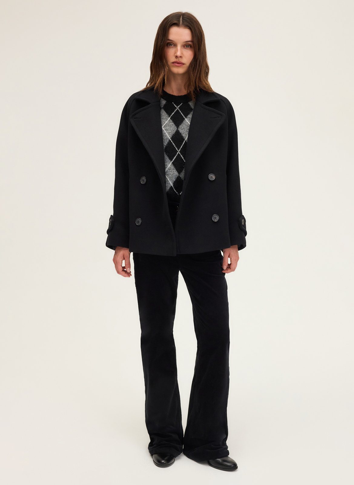 Manteau col chemise en laine mélangée Noir