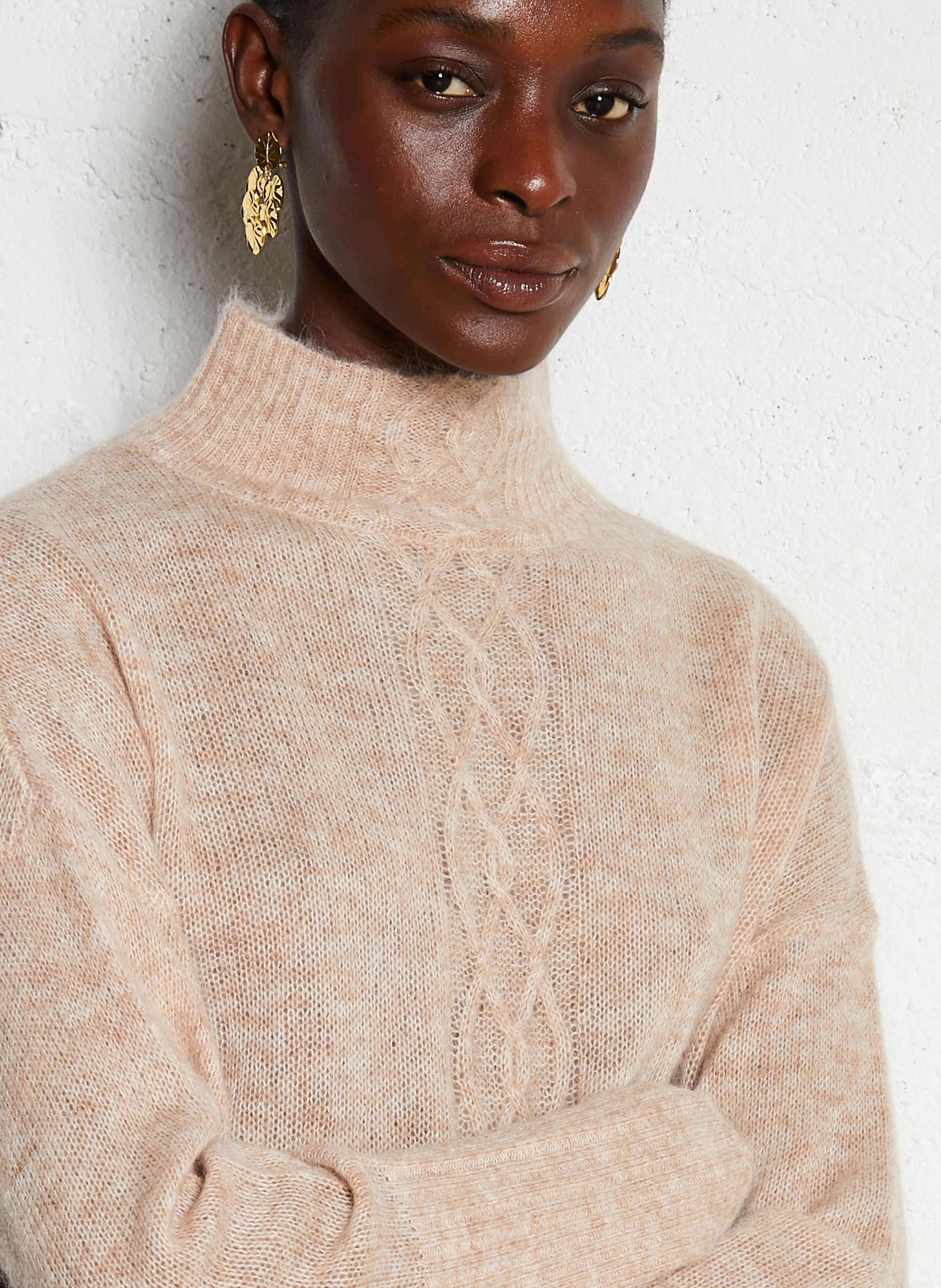 Round-neck mixed-knit cardigan BELLA JONES Beige