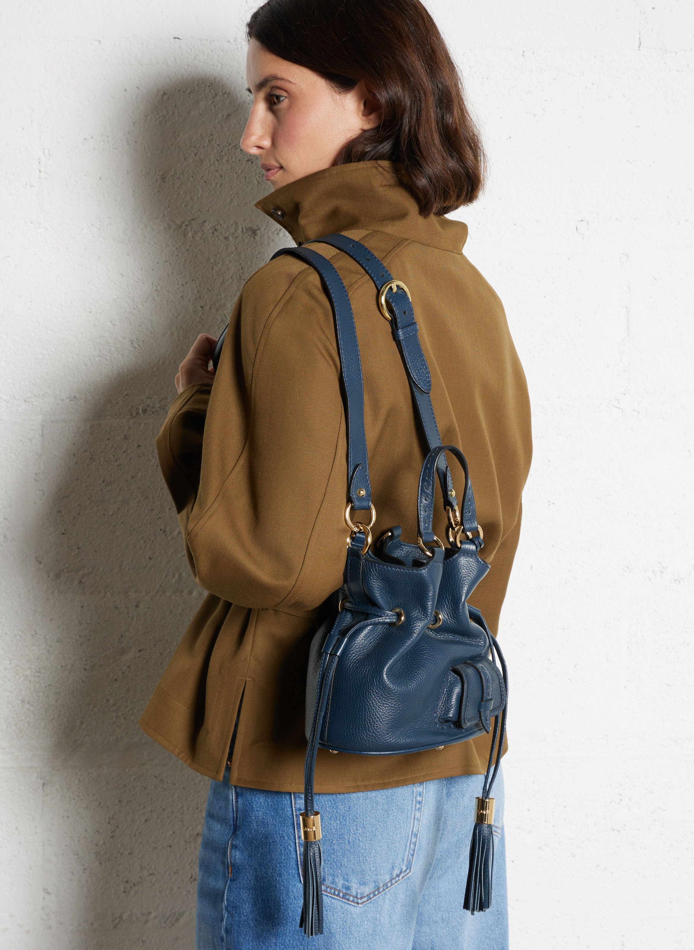 Sac seau en cuir grainé LANCEL Bleu