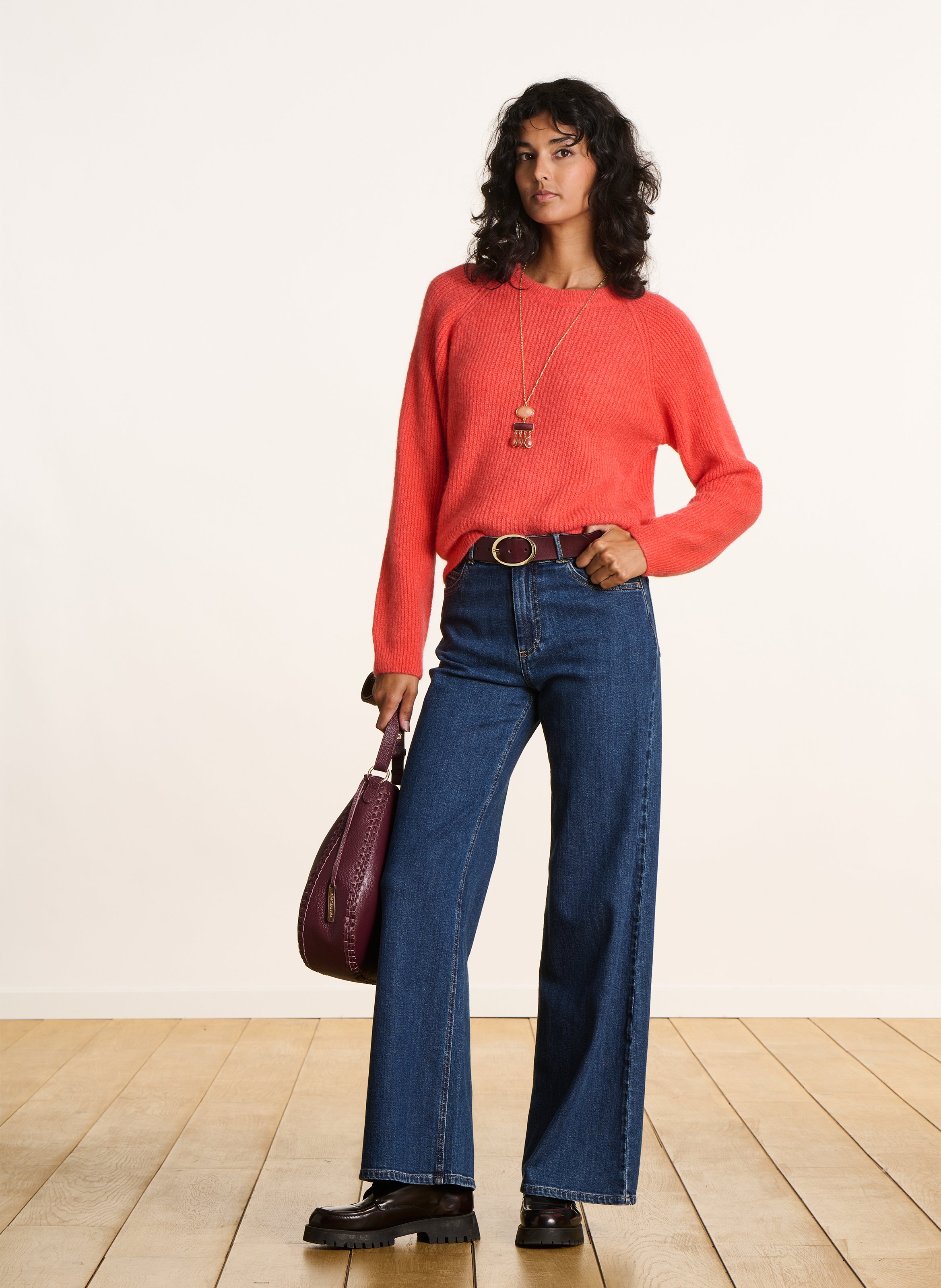 Round-neck mixed-knit straight sweater LA FEE MARABOUTEE Orange