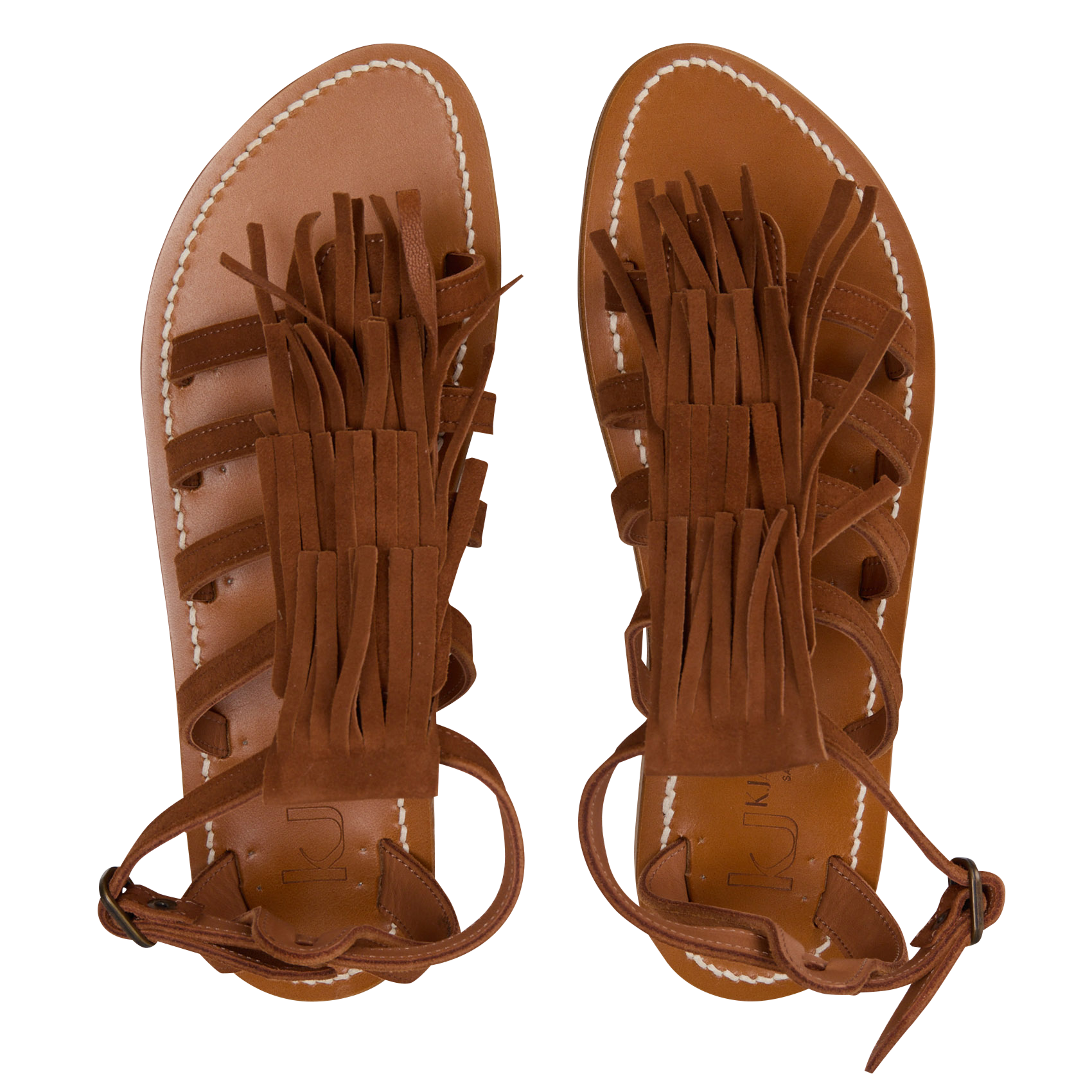 Flache Ledersandalen mit Fransen K JACQUES Braun